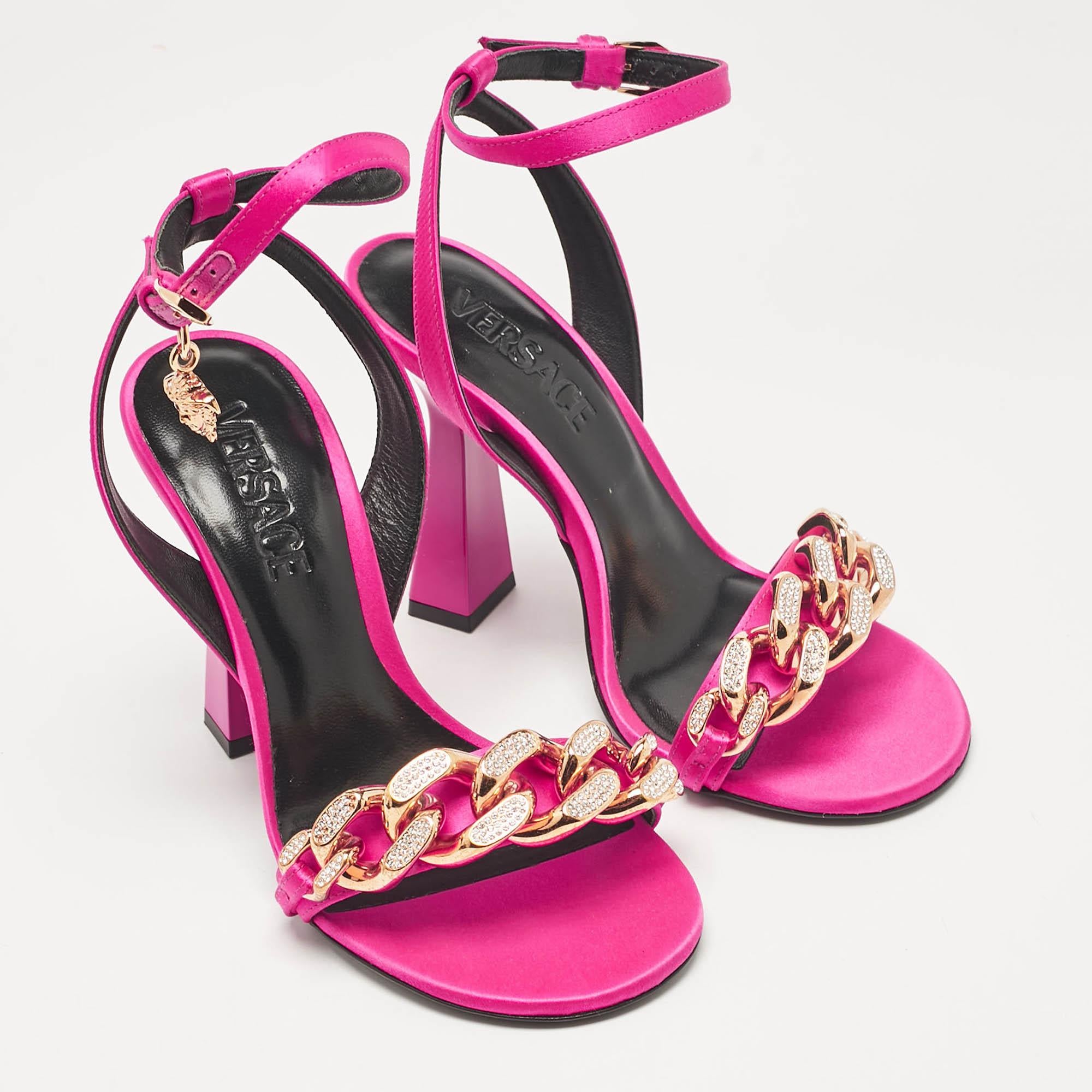 Women's Versace Pink Satin Medusa Chain Ankle Strap Sandals Size 36 For Sale