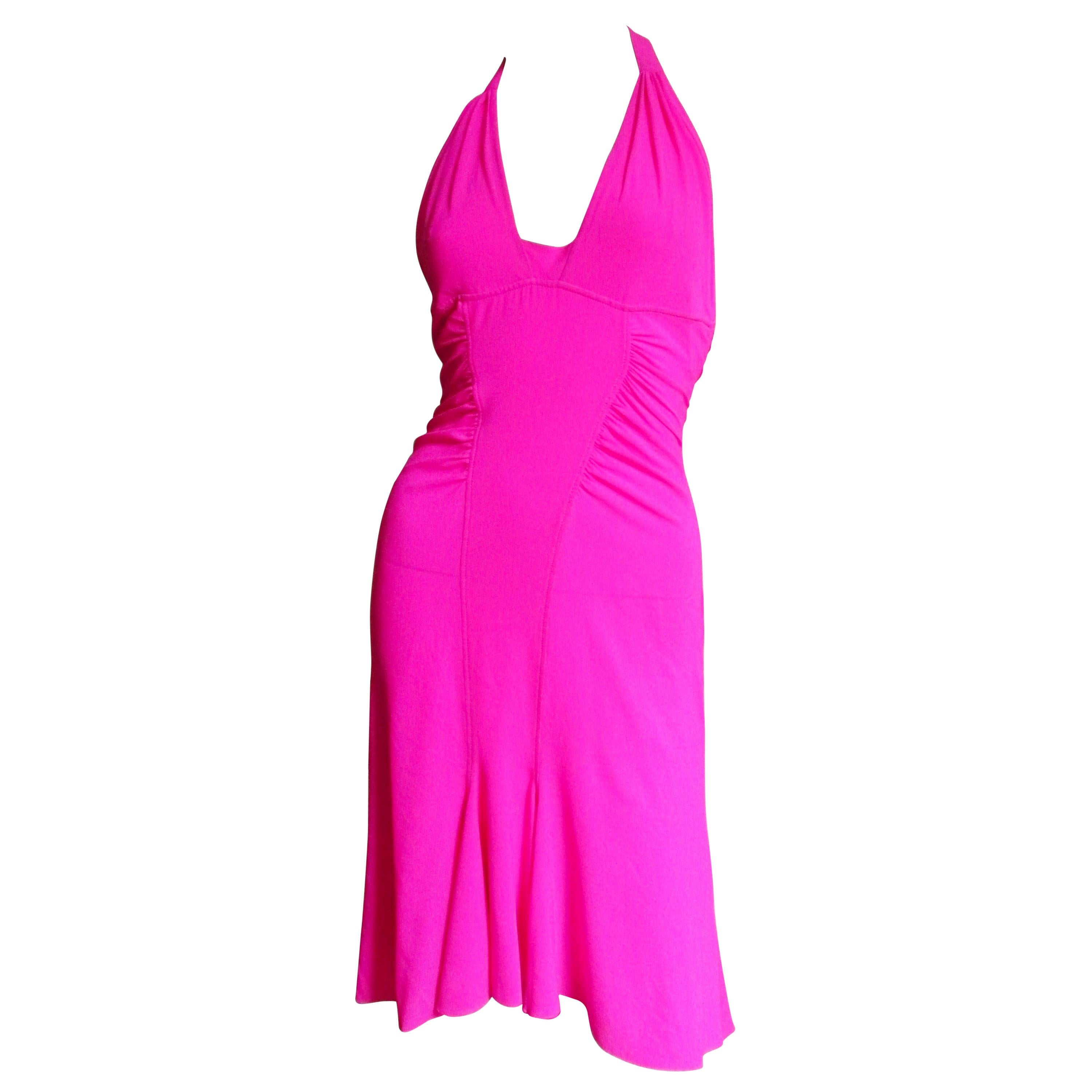 Versace Pink Silk Buckle Waist Halter Dress S/S 2002