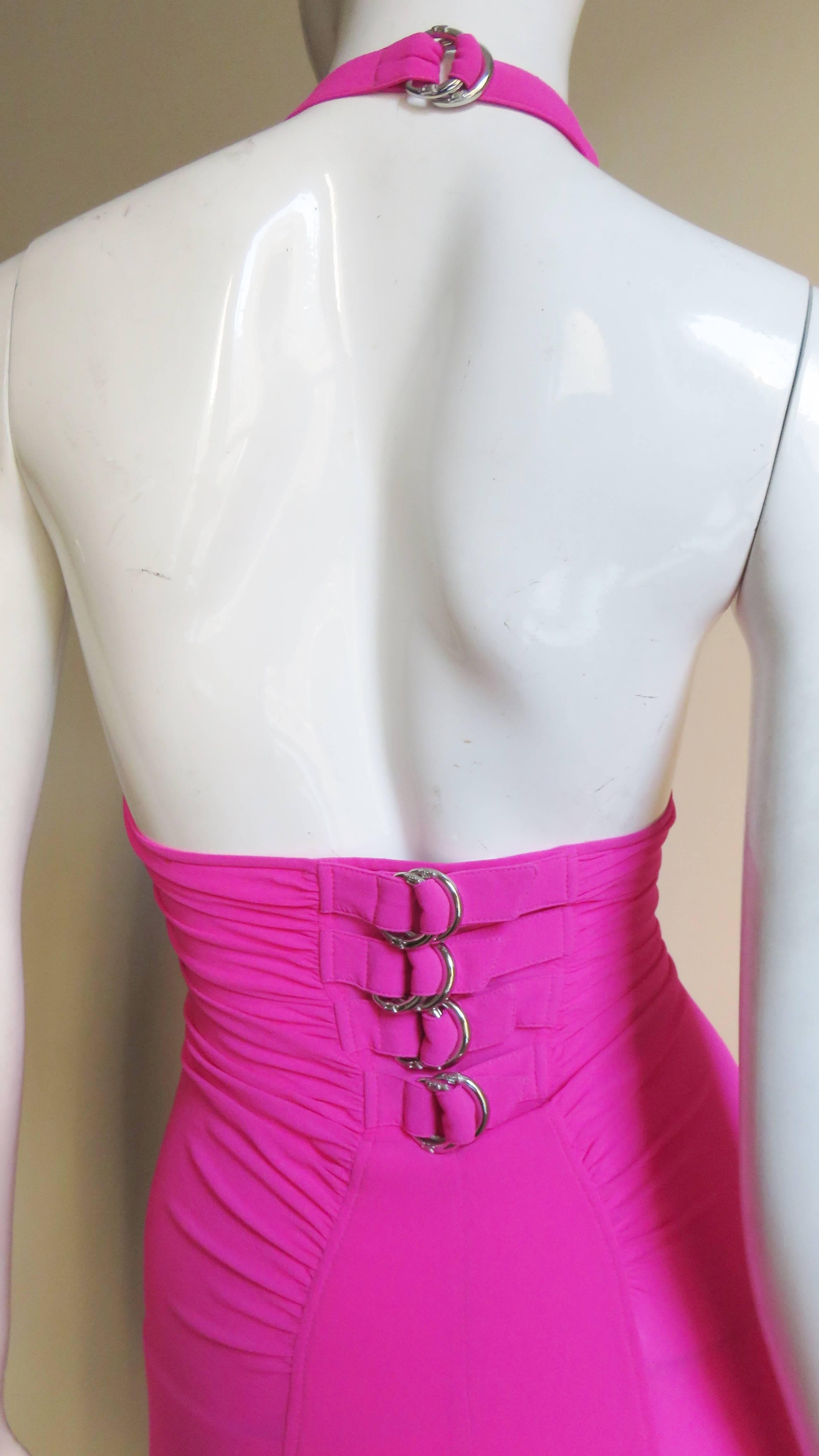 Versace Pink Silk Buckle Waist Halter Dress S/S 2002 For Sale 1
