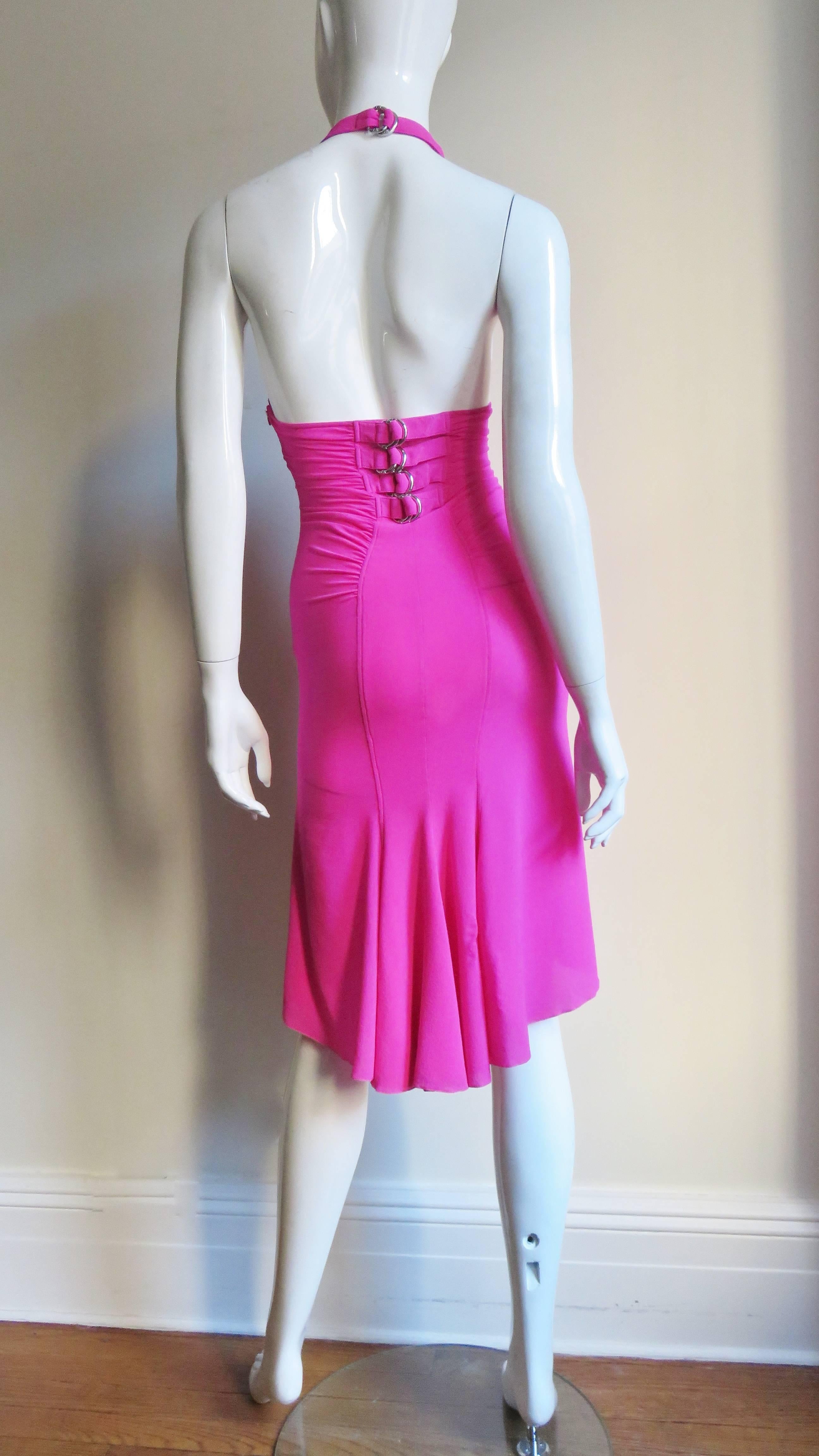 Versace Pink Silk Buckle Waist Halter Dress S/S 2002 For Sale 3