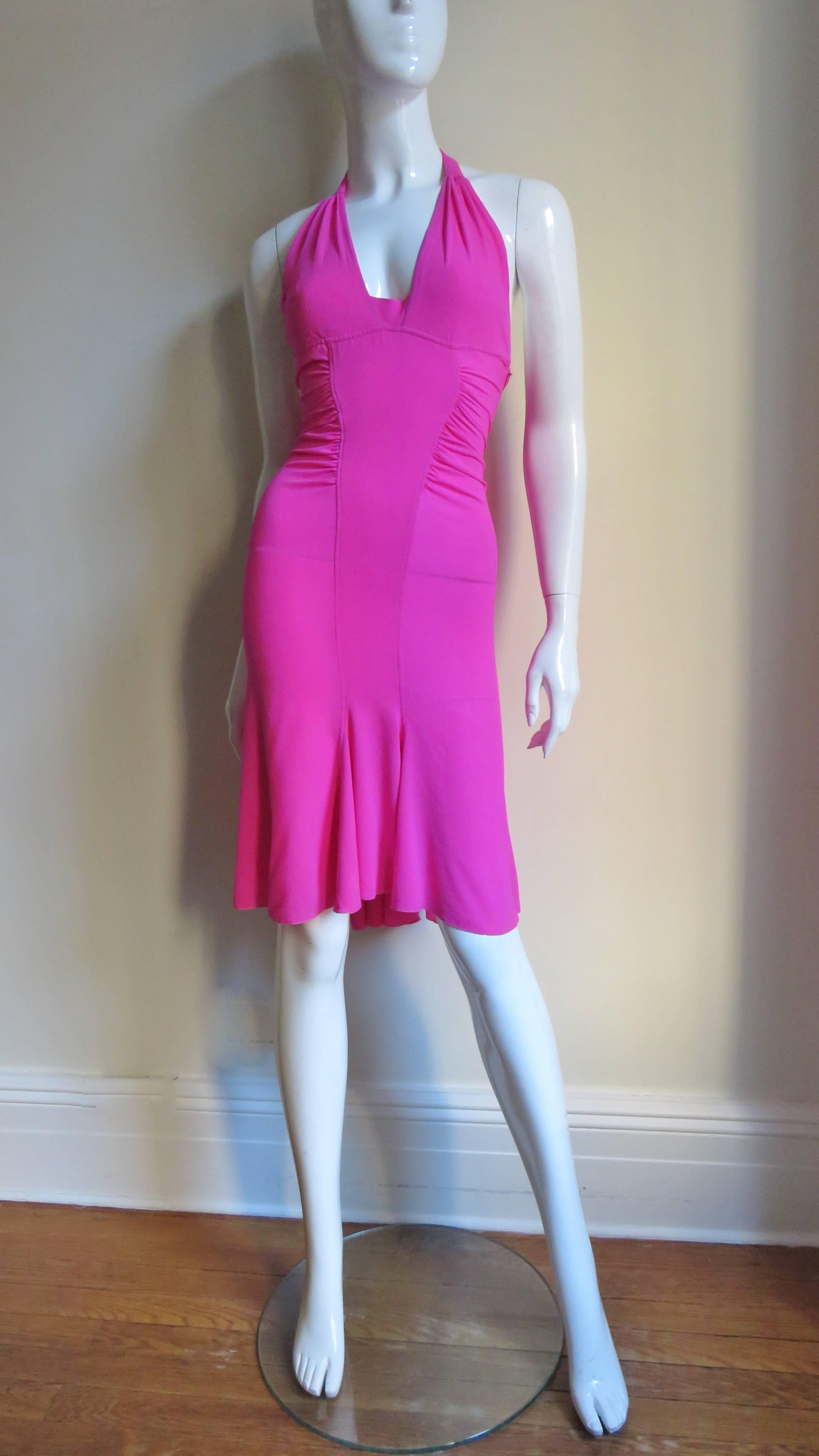 Versace Pink Silk Buckle Waist Halter Dress S/S 2002 In Good Condition For Sale In Water Mill, NY