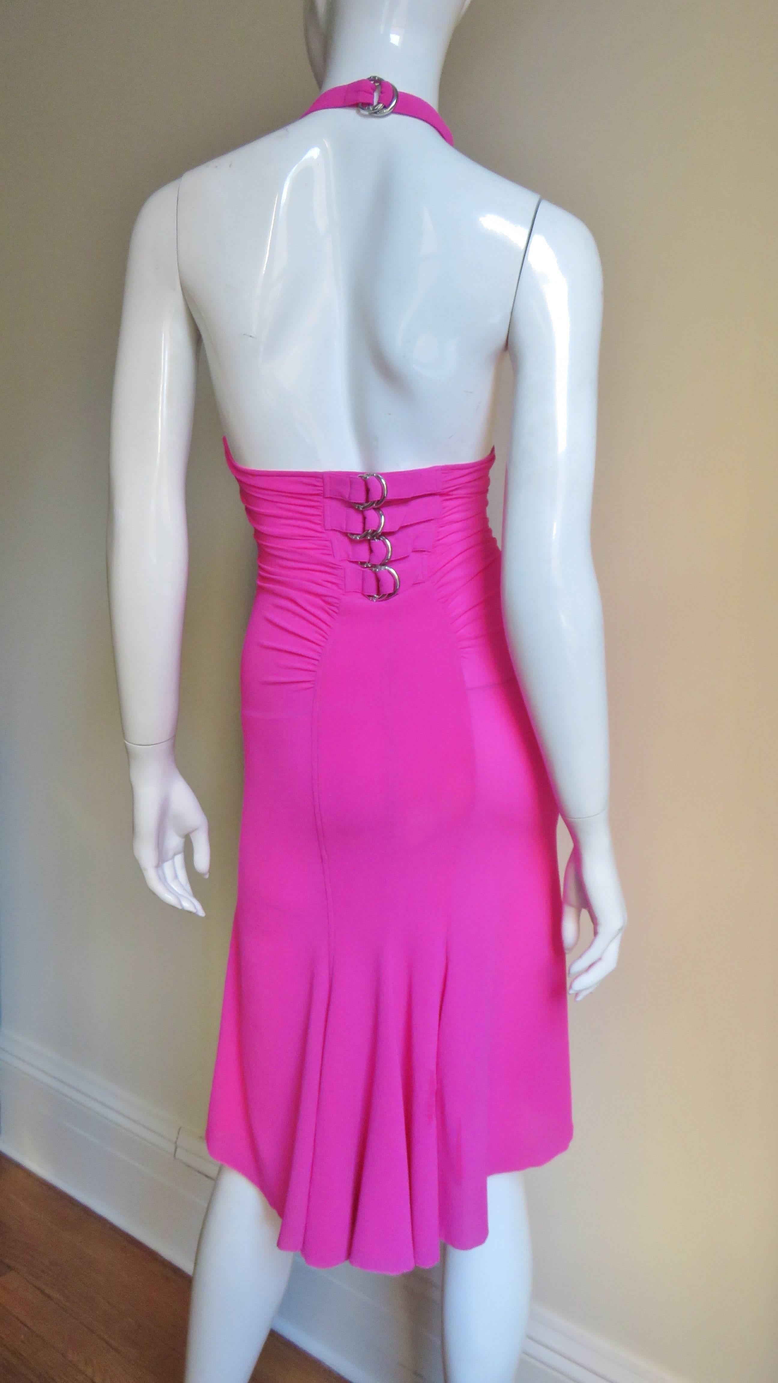 Women's Versace Pink Silk Buckle Waist Halter Dress S/S 2002 For Sale