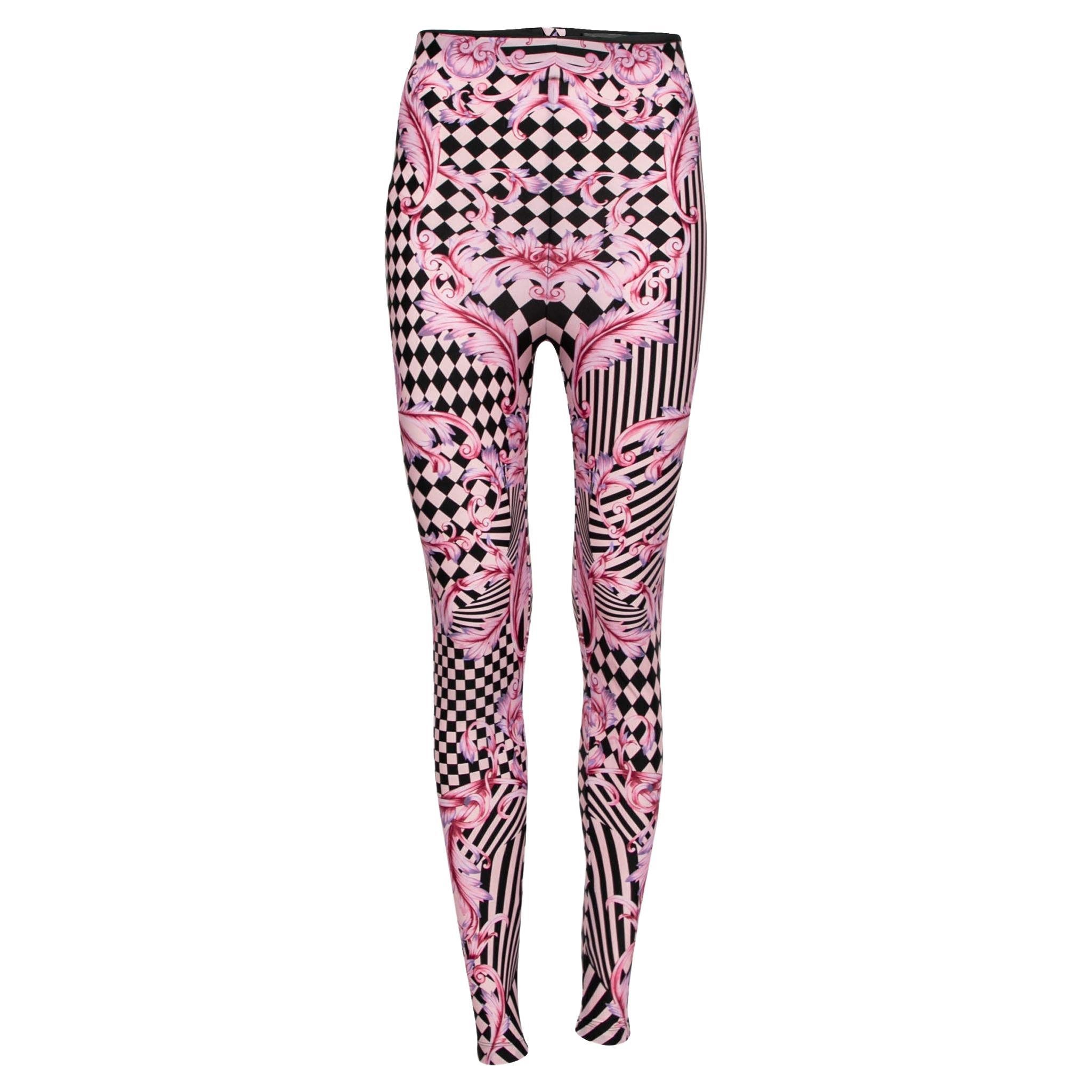 Versace Pink Stretch Knit Striped & Baroque Print Leggings S For Sale