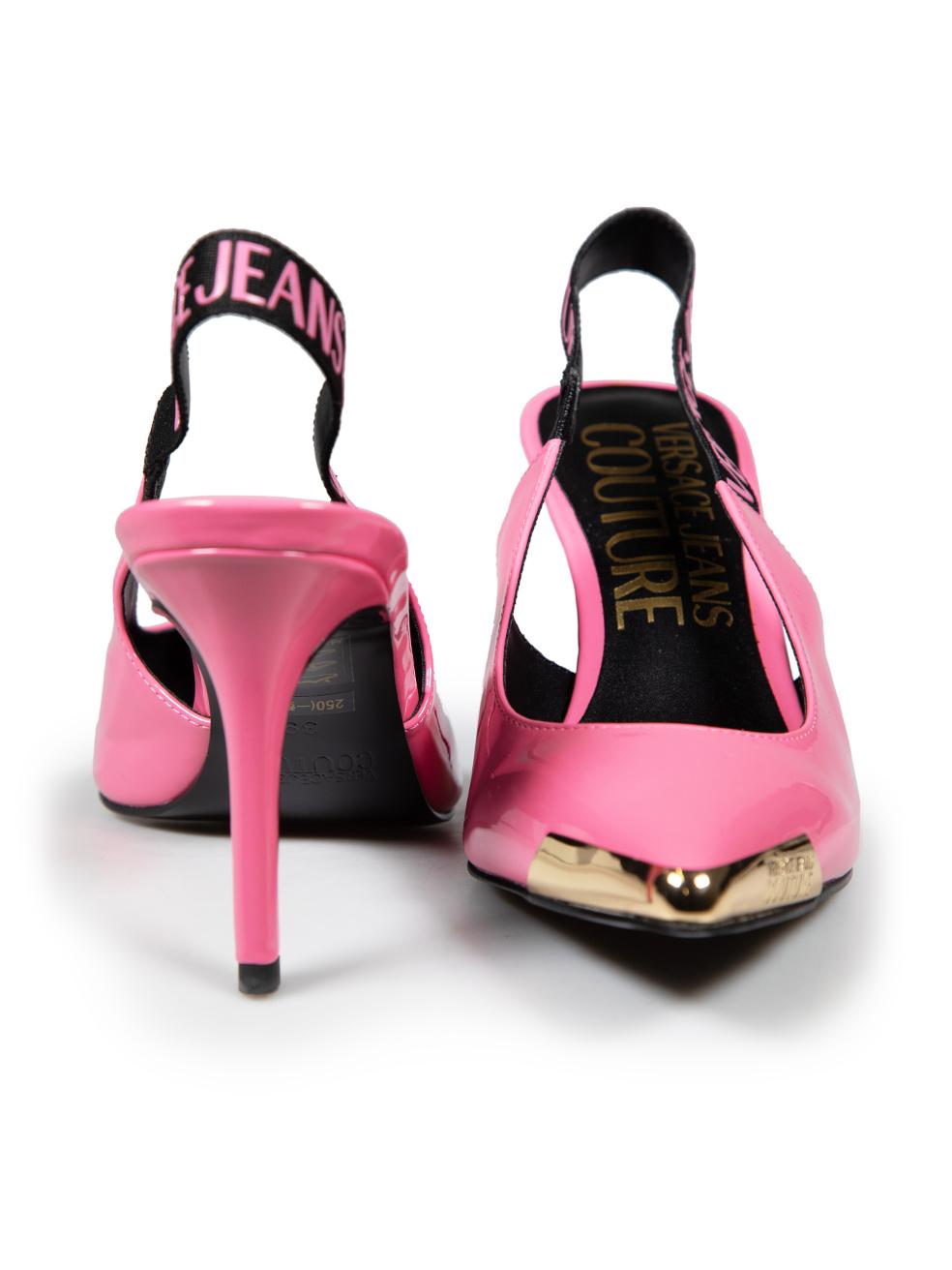 Versace Pink Vegan Patent Leather Point Toe Heels Size IT 39 In Good Condition In London, GB