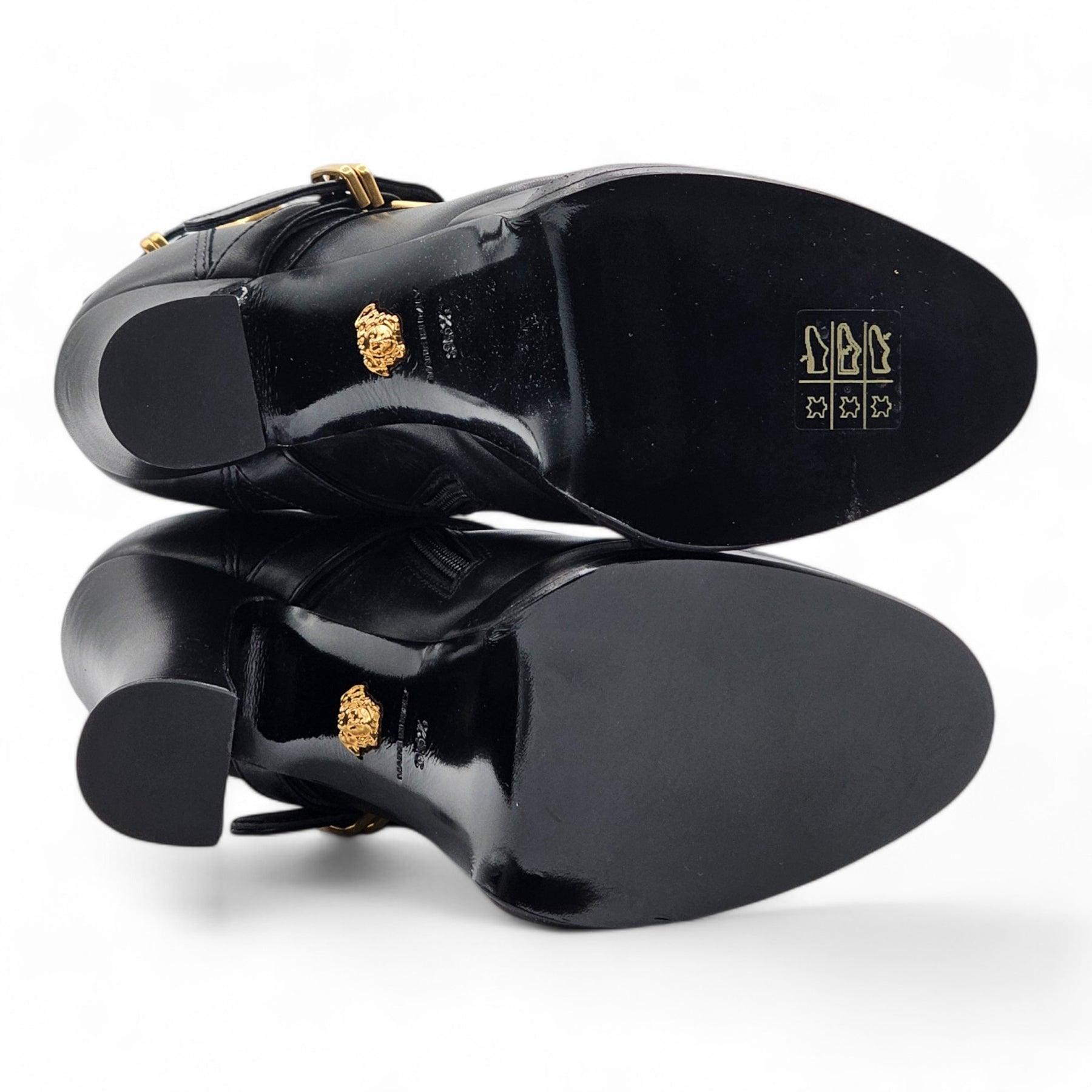 Versace Platform Ankle Booties Nappa Leather in Black In Excellent Condition For Sale In Los Angeles, CA