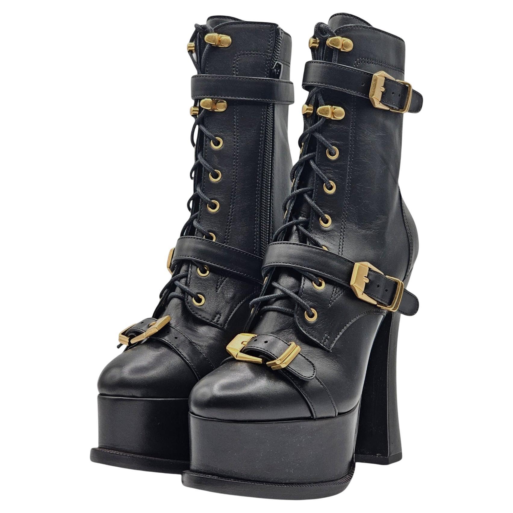 Versace Platform Ankle Booties Nappa Leather in Black For Sale