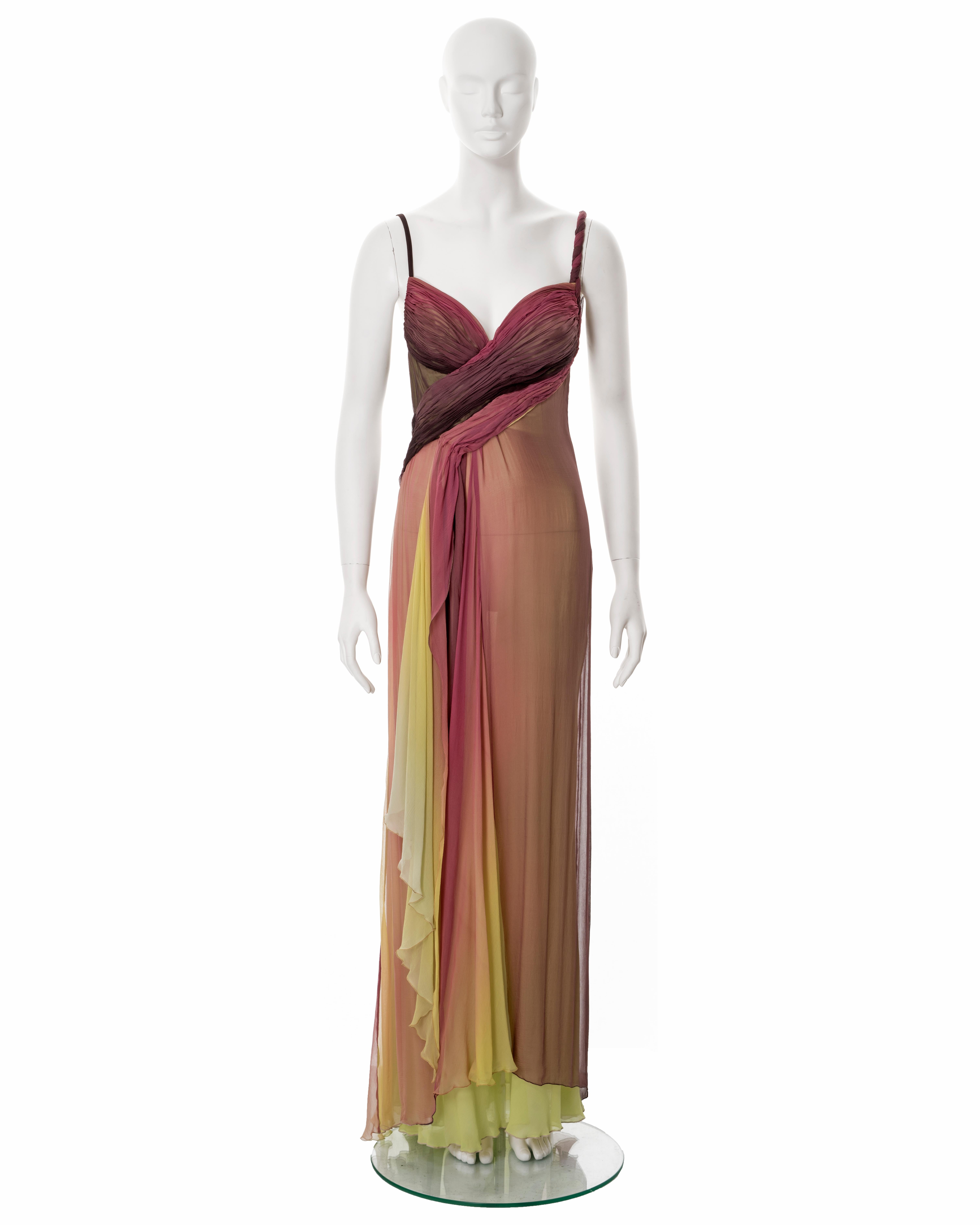 ▪ Versace evening dress
▪ Creative Director: Donatella Versace
▪ Sold by One of a Kind Archive 
▪ Spring-Summer 2006
▪ Constructed from ombré silk chiffon in a shades of plum and chartreuse 
▪ Finely pleated bodice 
▪ Hand-rolled shoulder straps
▪