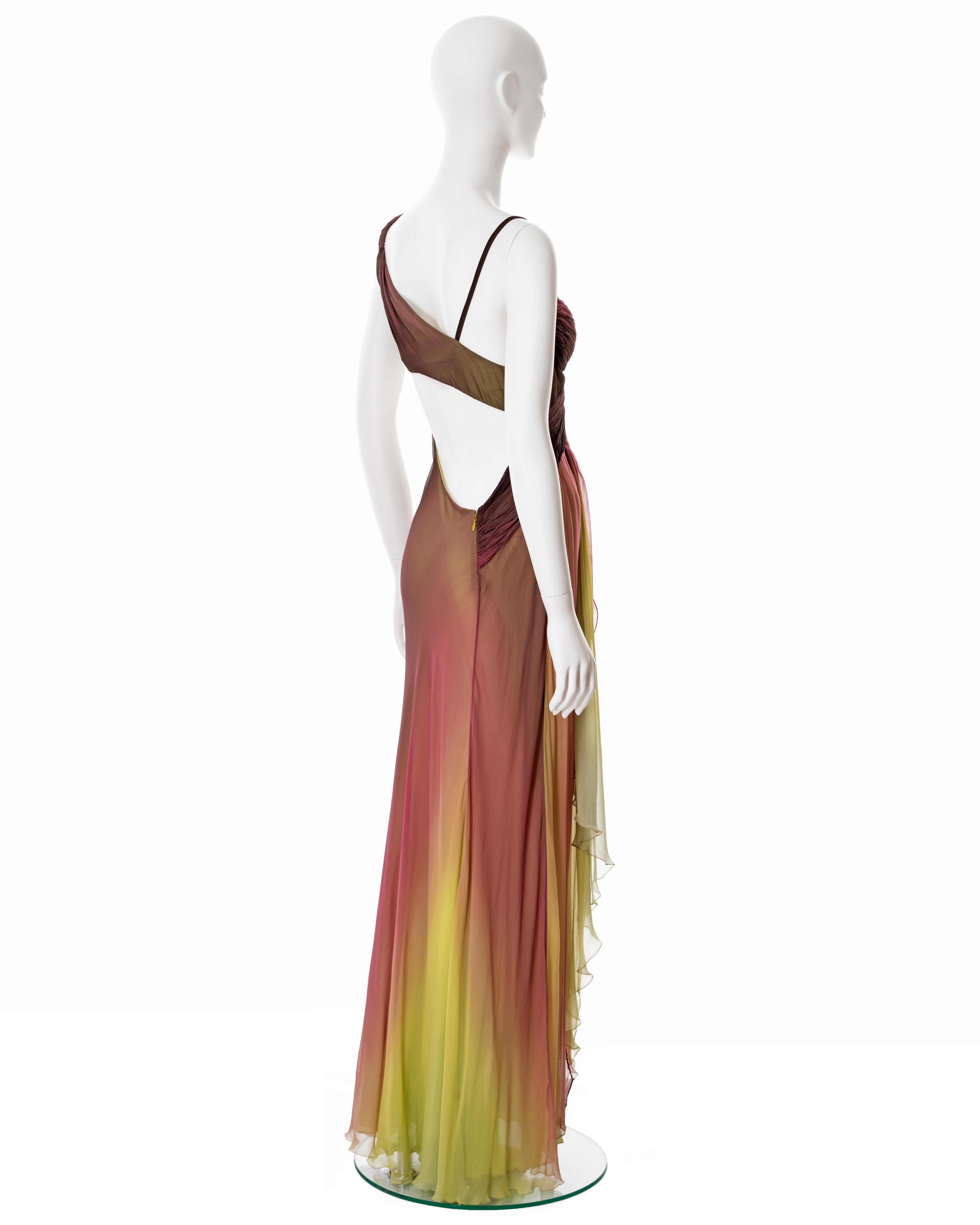 Women's Versace plum and chartreuse ombré pleated silk chiffon evening dress, ss 2006 For Sale