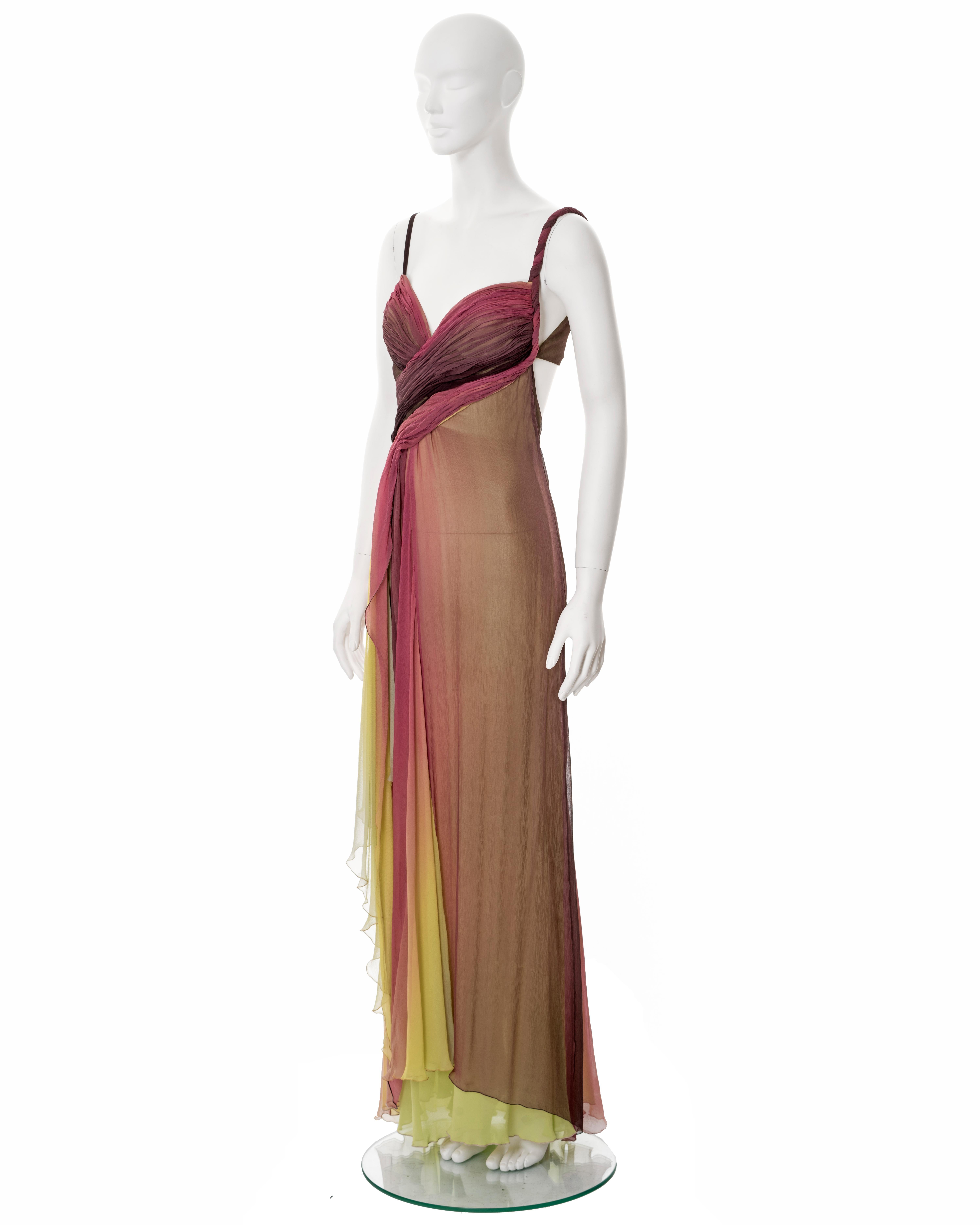 Versace plum and chartreuse ombré pleated silk chiffon evening dress, ss 2006 For Sale 3
