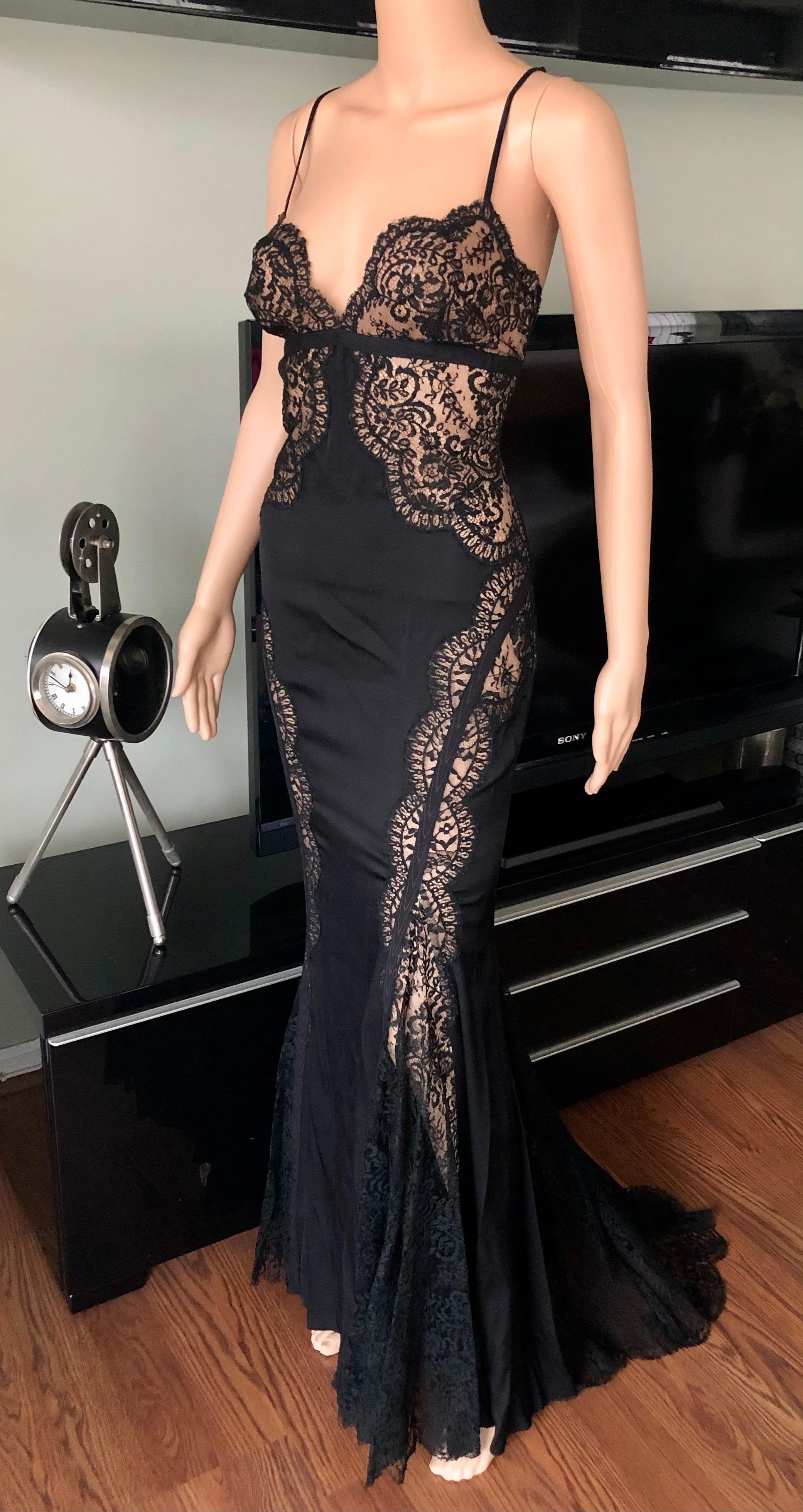 Versace Plunged Sheer Lace Panels Backless Black Evening Dress Gown 

Please note size tag has been removed but this dress will likely fit IT 40

