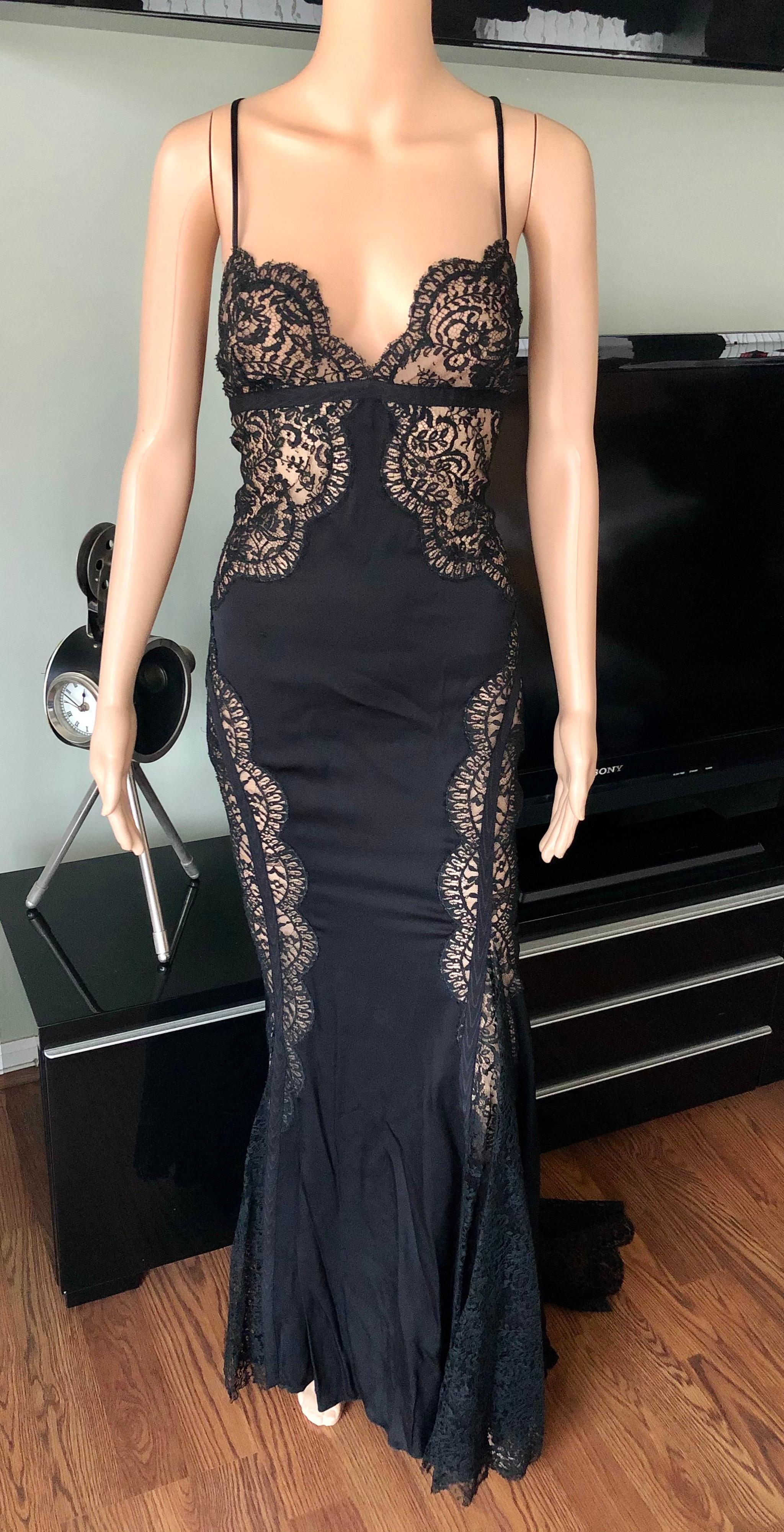 Versace Plunged Sheer Lace Panels Backless Black Evening Dress Gown  In Good Condition In Naples, FL