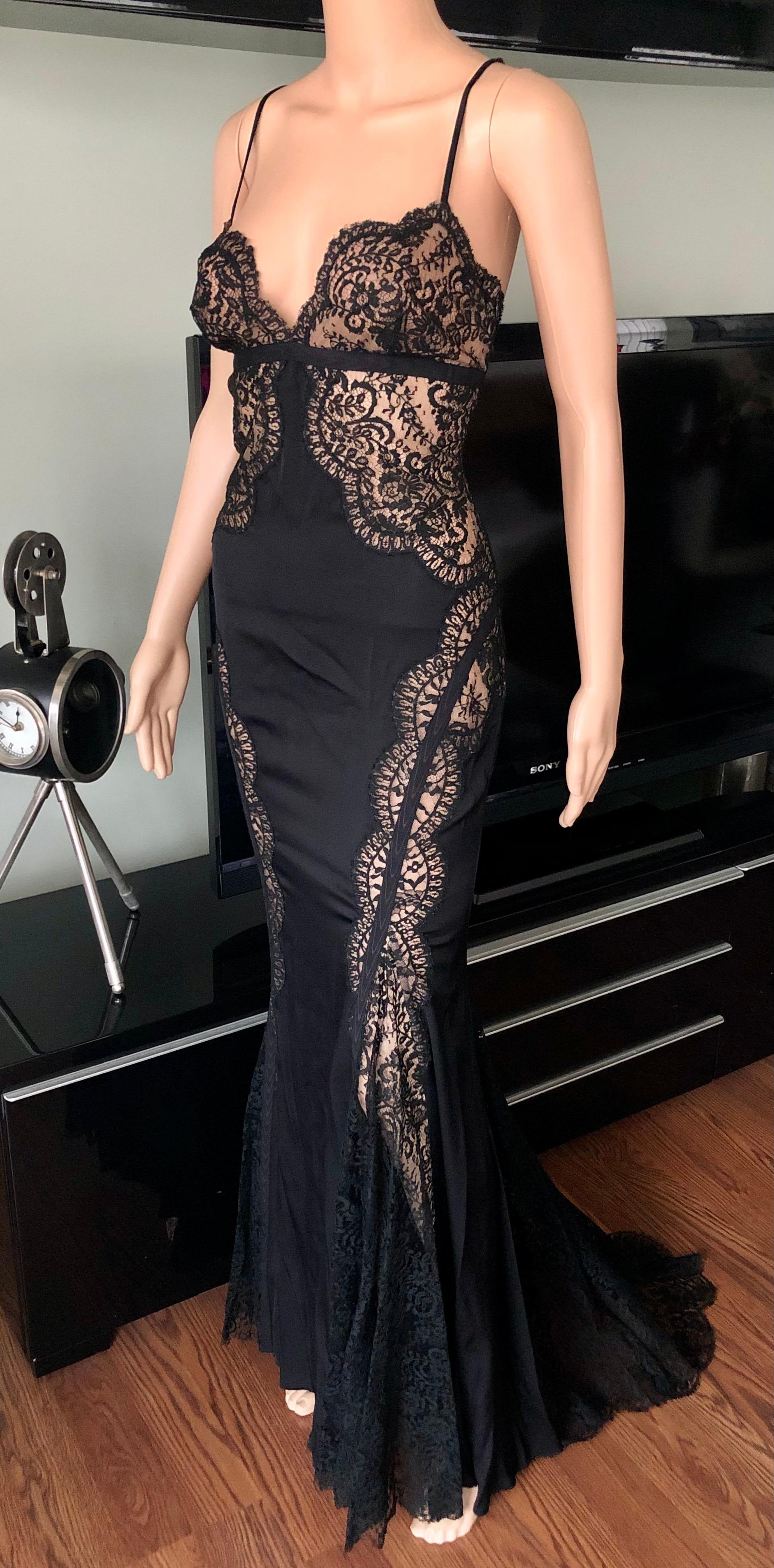 Versace Plunged Sheer Lace Panels Backless Black Evening Dress Gown  2