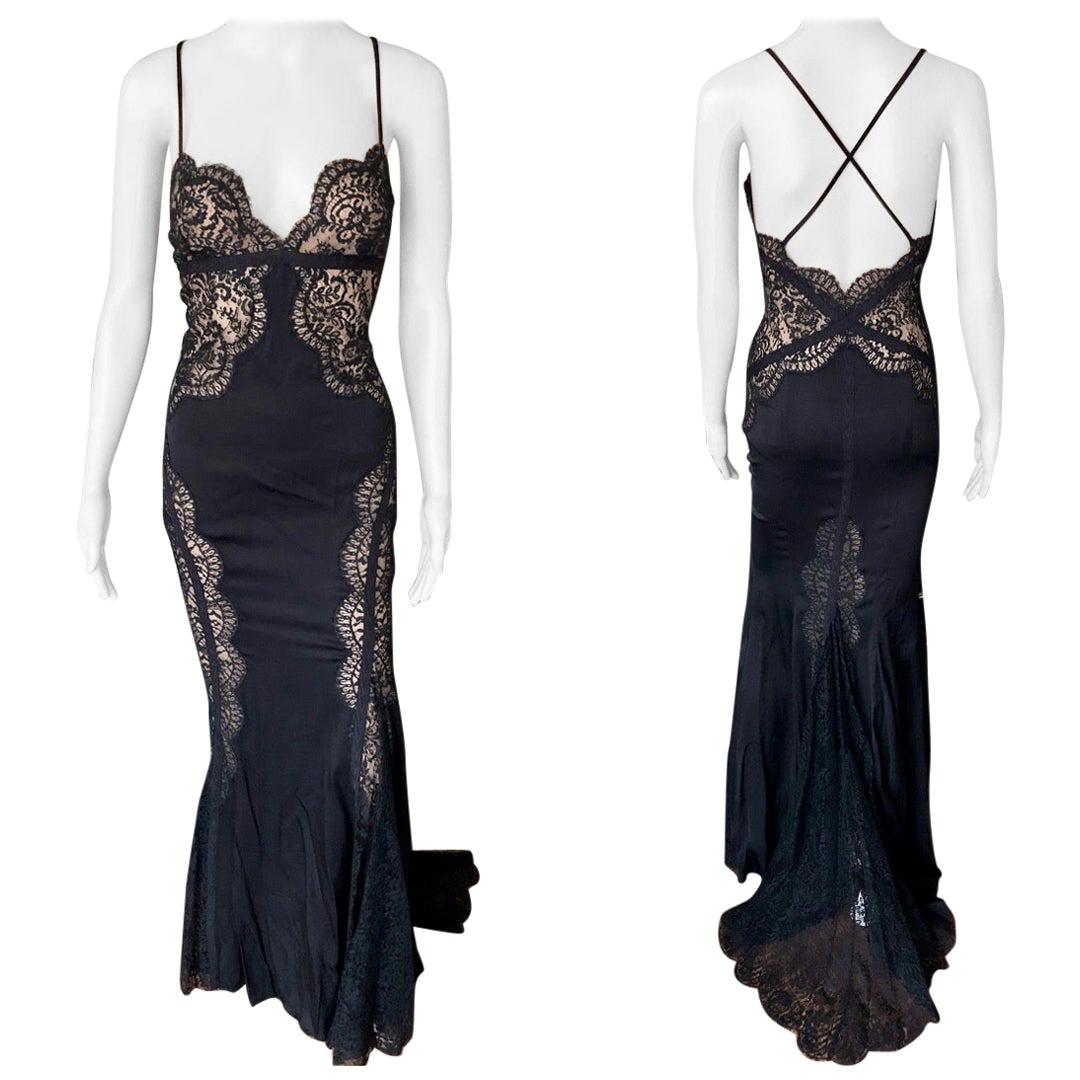 Versace Plunged Sheer Lace Panels Backless Black Evening Dress Gown  For Sale