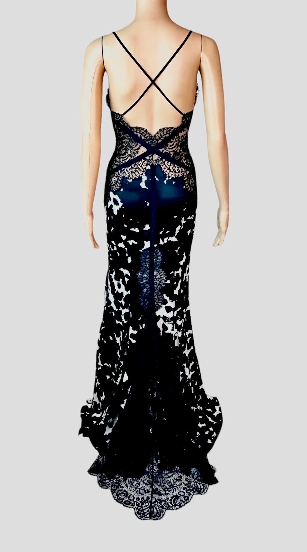 Versace Plunged Sheer Lace Panels Backless Train Evening Dress Gown  5