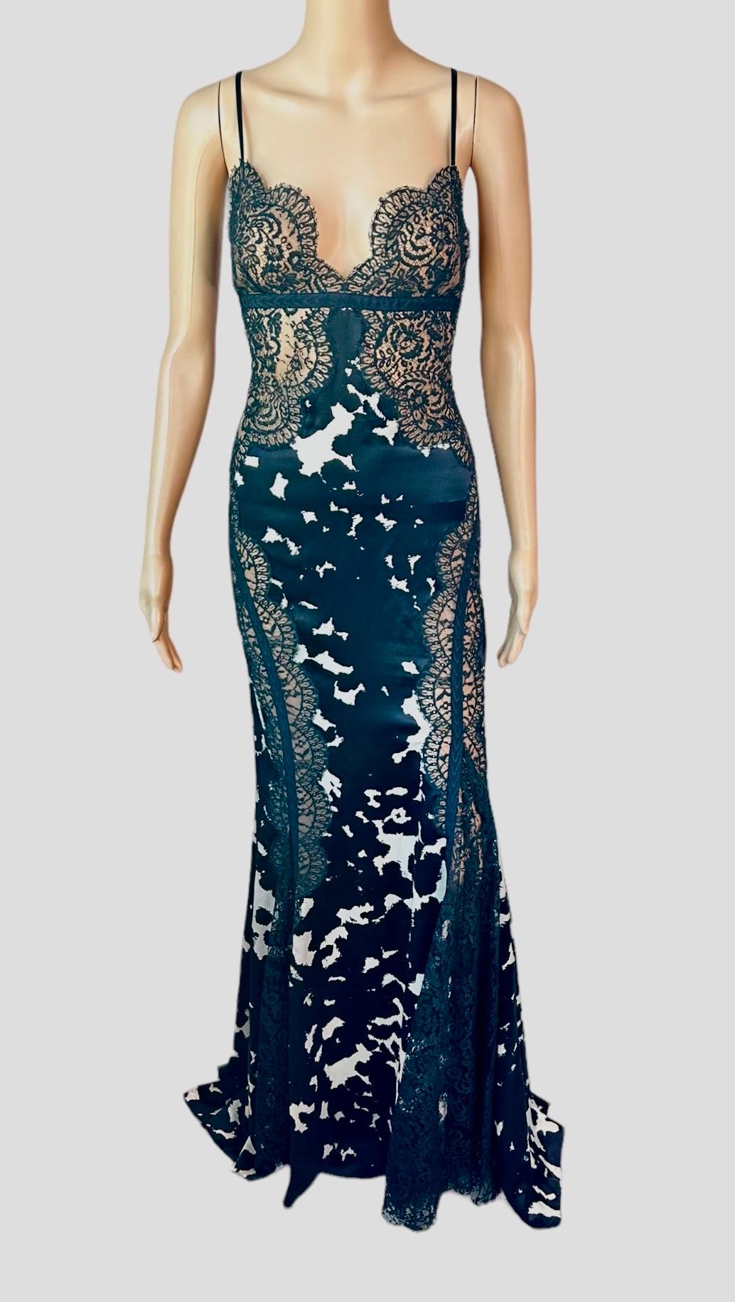 Black Versace Plunged Sheer Lace Panels Backless Train Evening Dress Gown 
