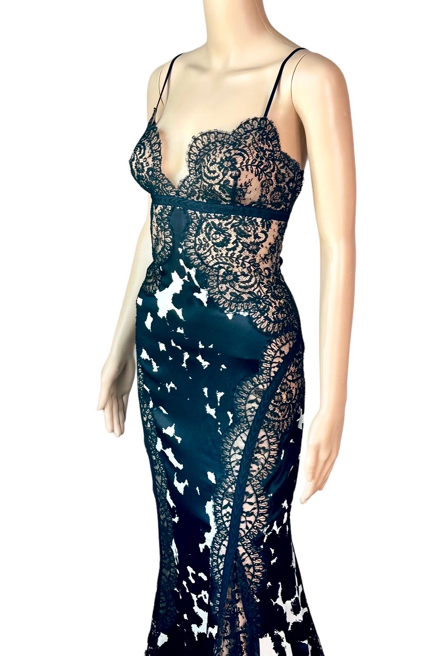 Versace Plunged Sheer Lace Panels Backless Train Evening Dress Gown  3