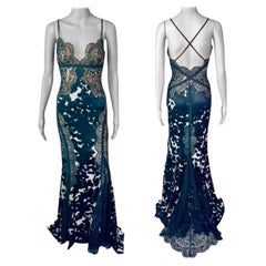 Versace Plunged Sheer Lace Panels Backless Train Evening Dress Gown