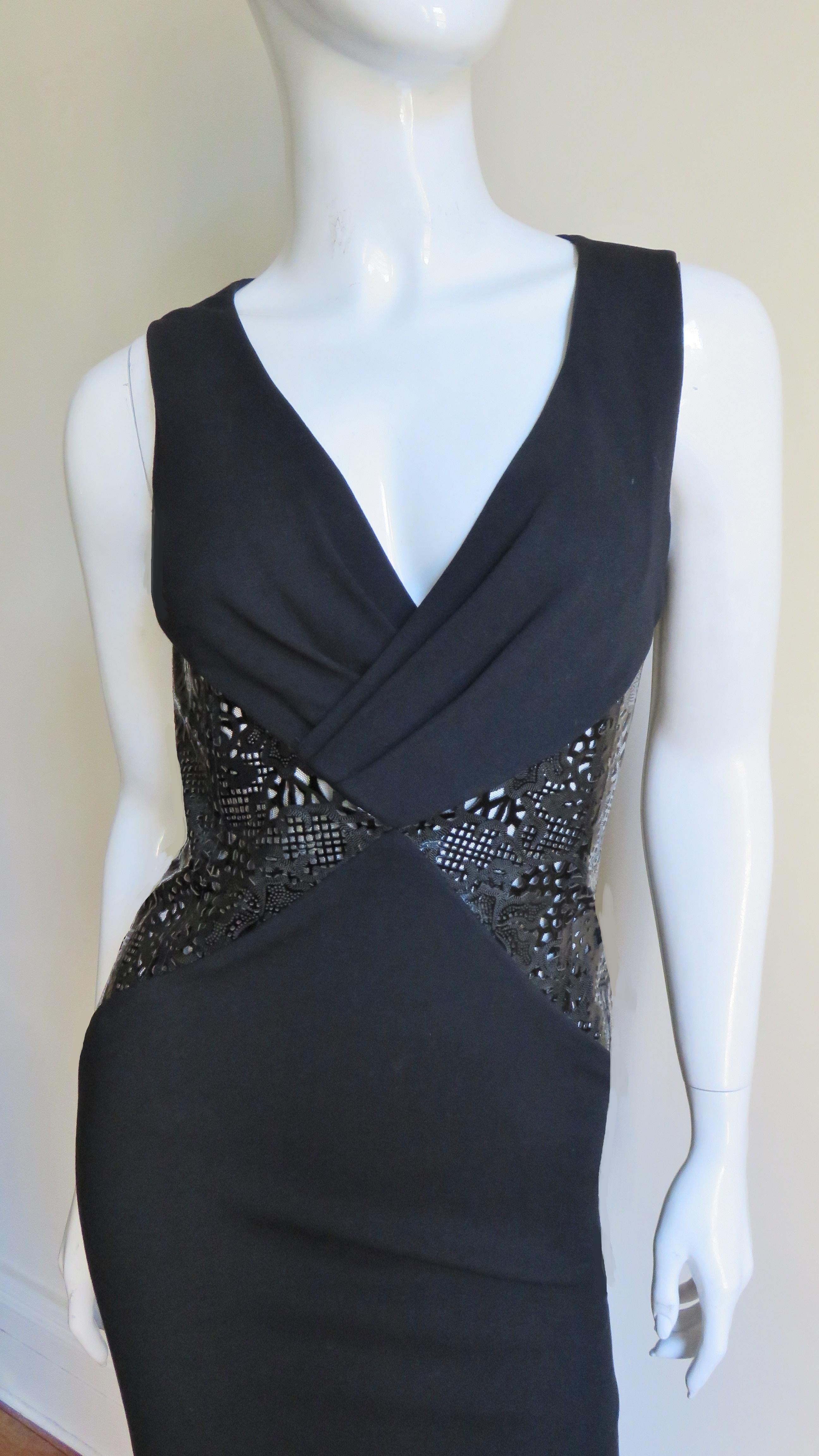 Black Versace Bodycon Laser Cut Patent Leather Waist Dress For Sale