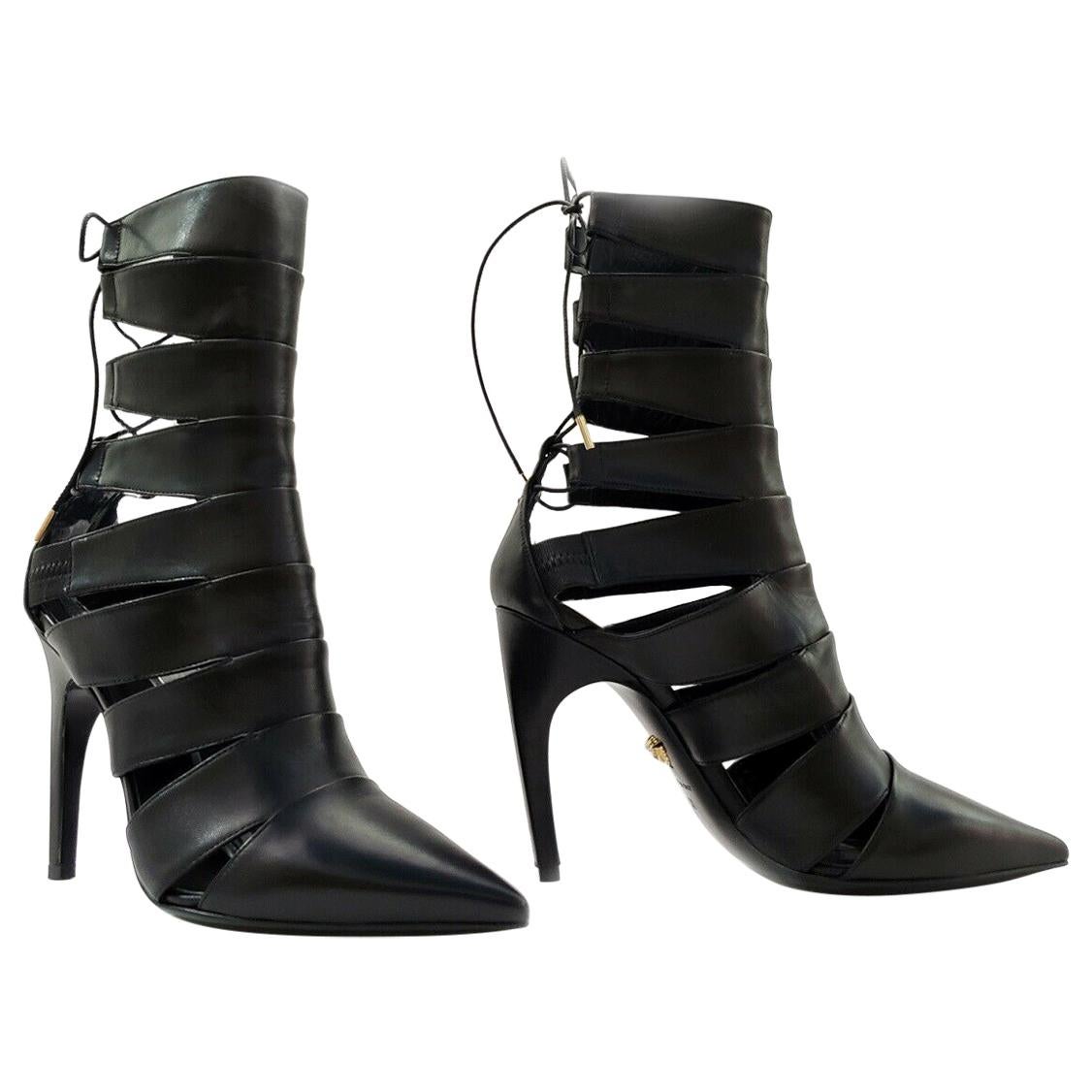 VERSACE POINTED LACE-UP BLACK LEATHER Boots