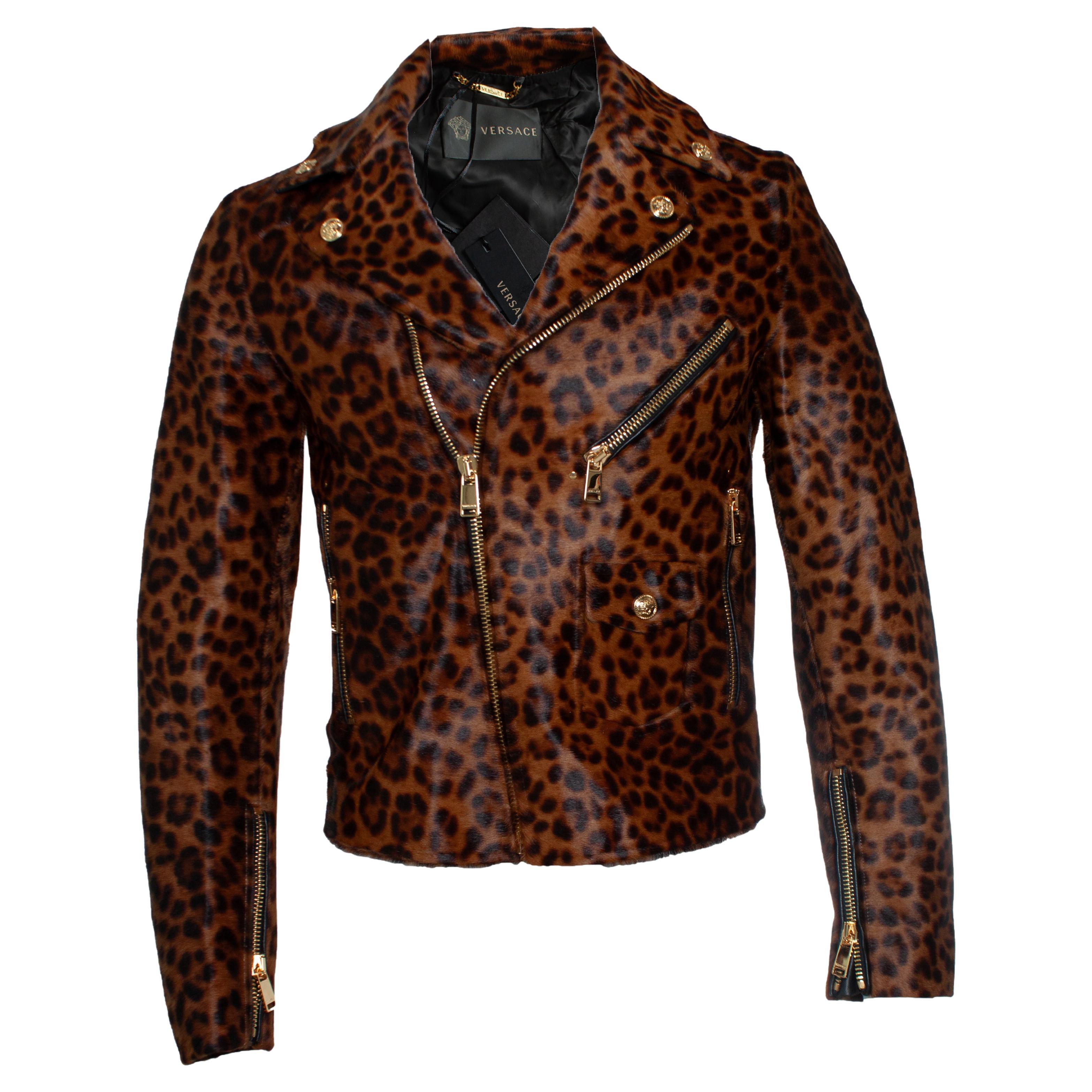 Versace, Ponyskin leopard biker jacket FW24 For Sale