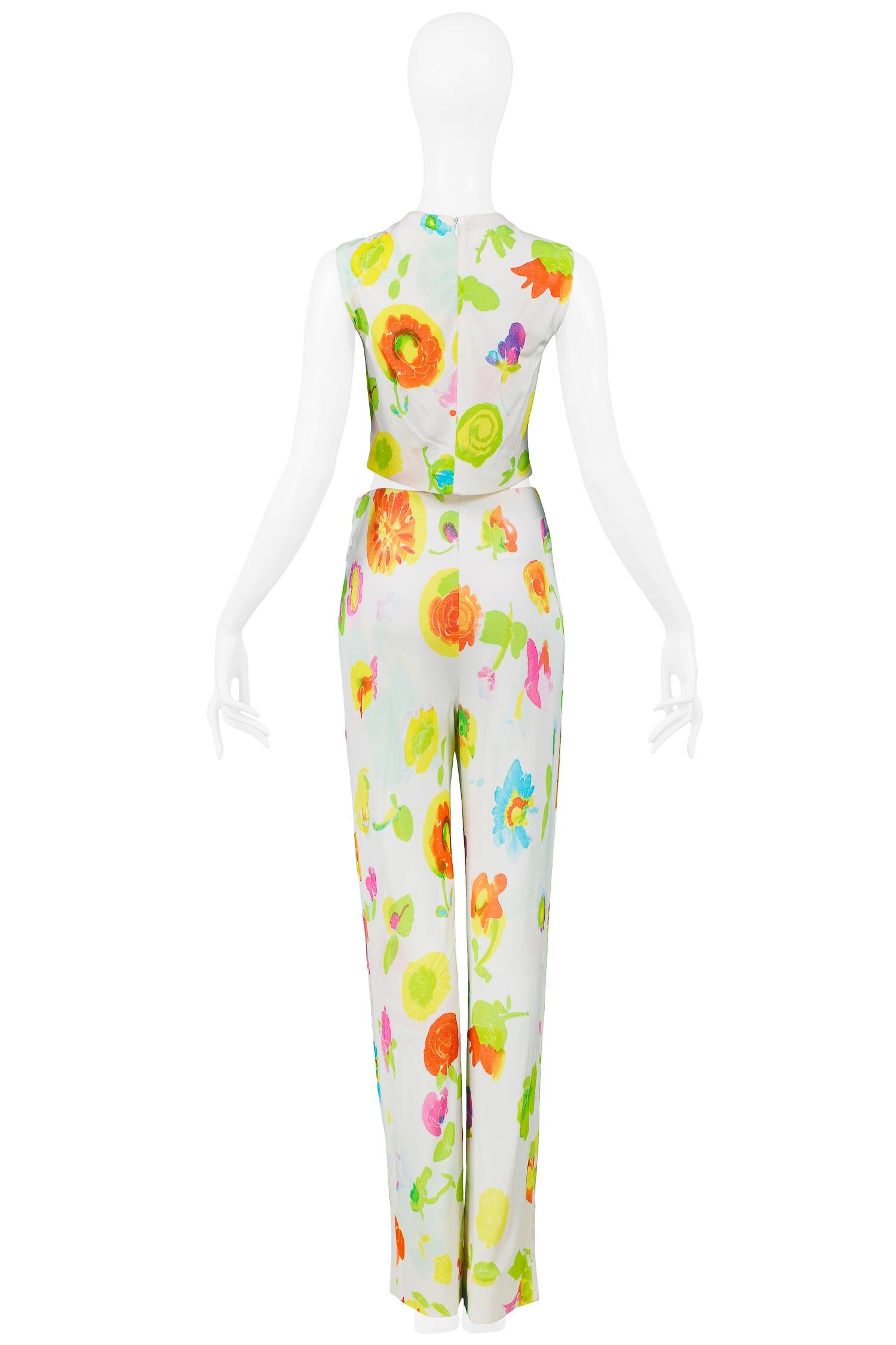 Women's Versace 'Pop Art' Floral Crop Top & Hip Hugger Pants Runway Ensemble 1996