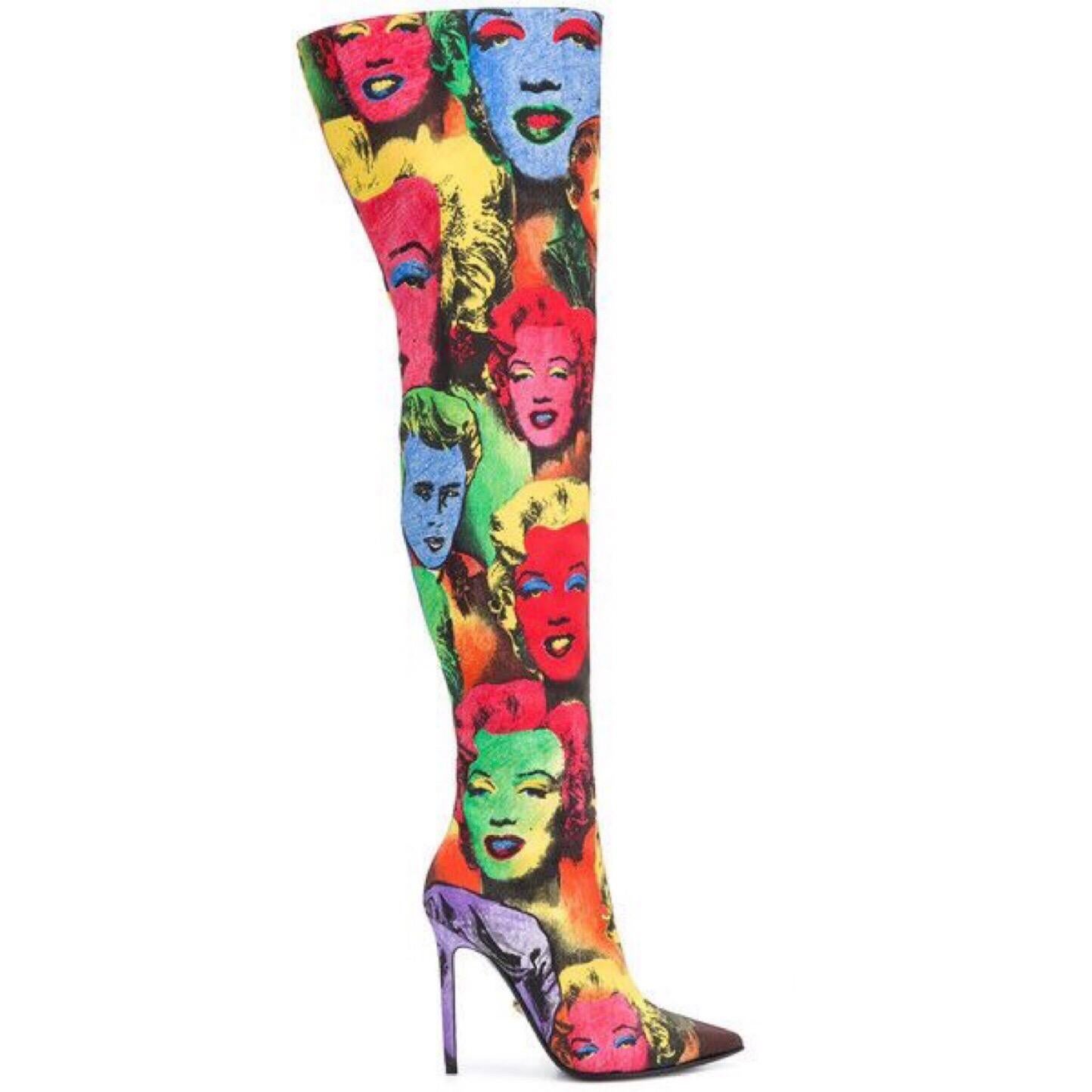 Pink Versace Pop Art Tribute Andy Warhol Print Silk Over The Knee Boots Size 36 6