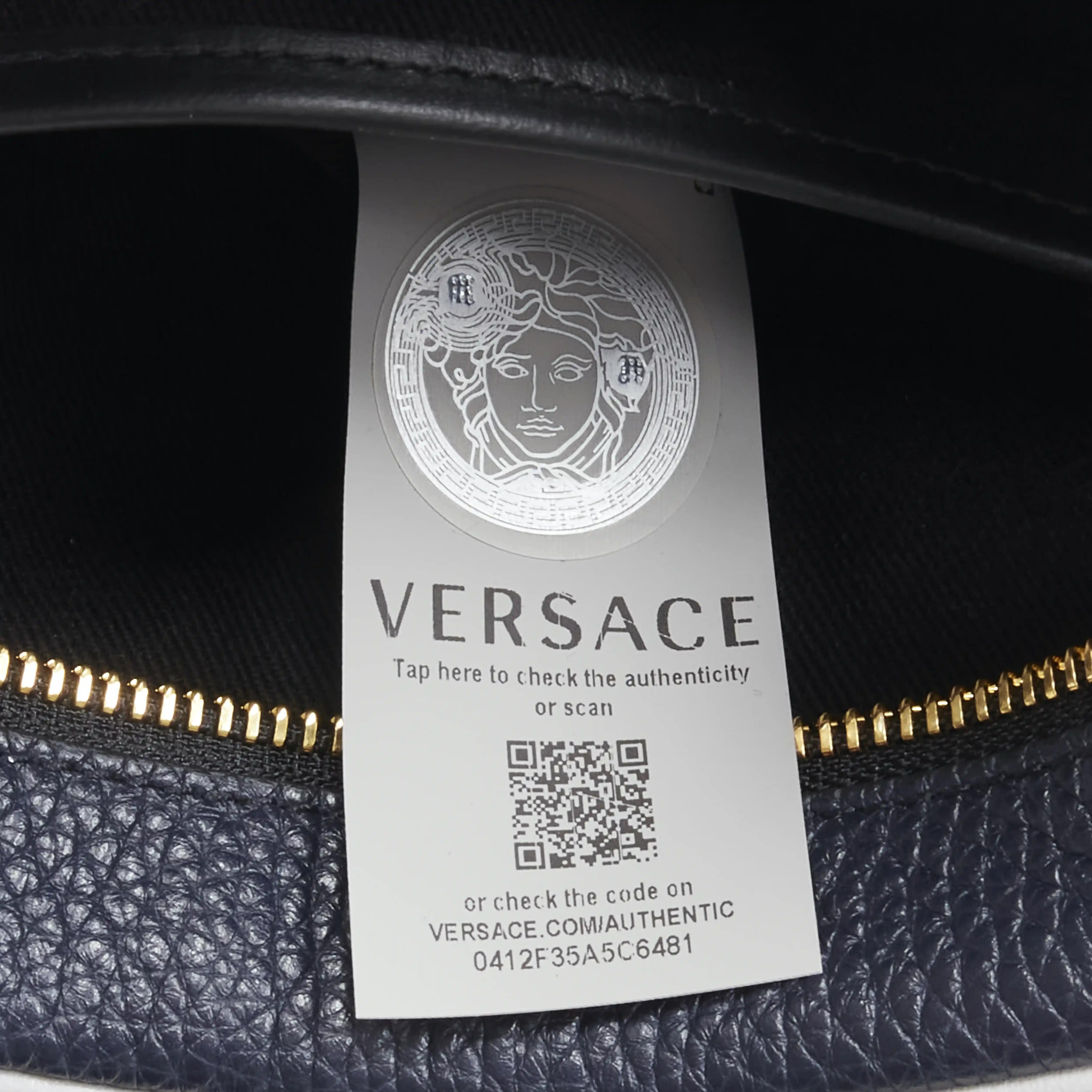 VERSACE Pop Medusa navy grey calf leather Greca crossbody messenger bag For Sale 7