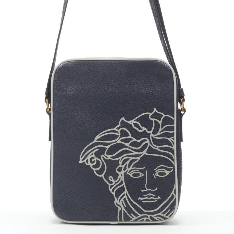 Black VERSACE Pop Medusa navy grey calf leather Greca crossbody messenger bag