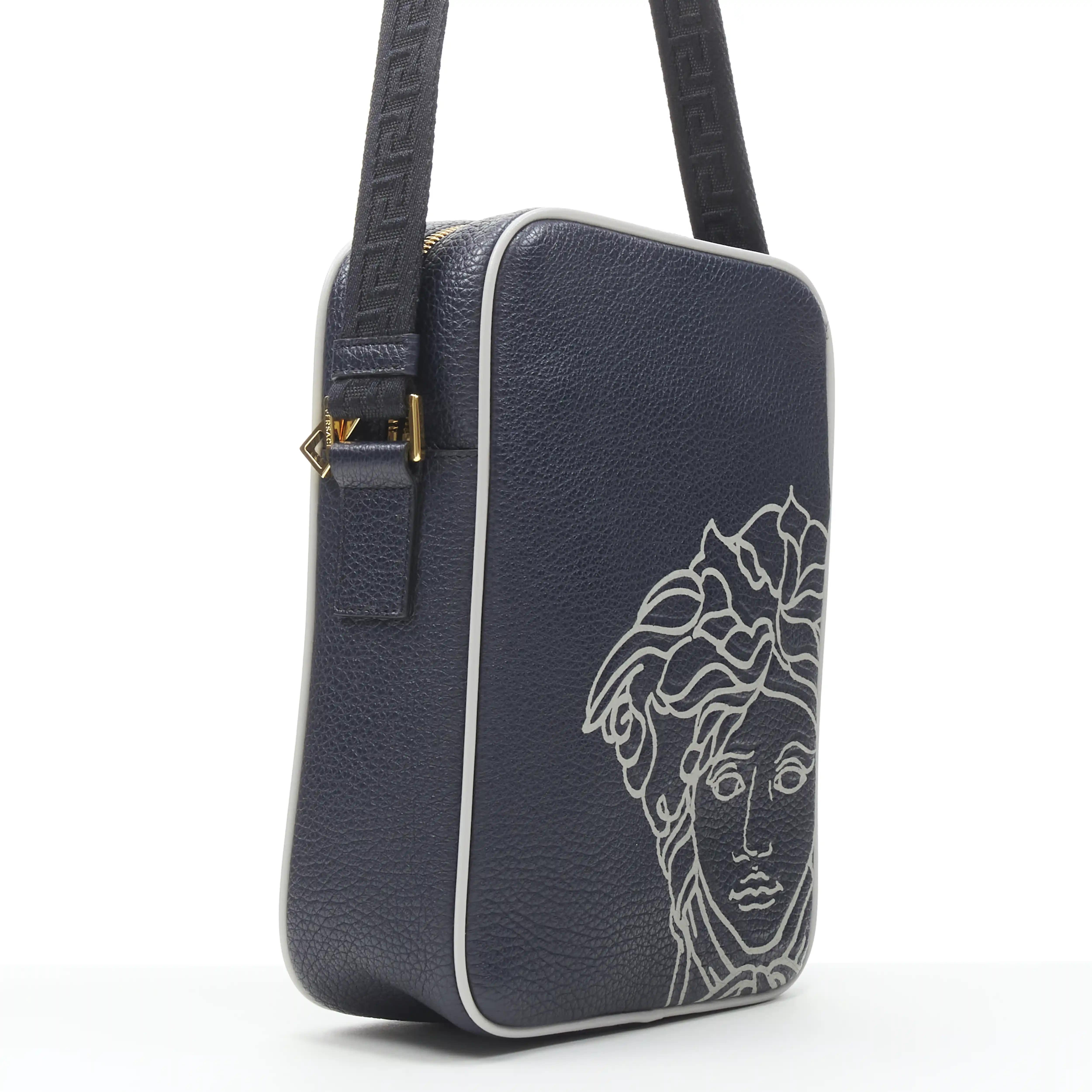 Men's VERSACE Pop Medusa navy grey calf leather Greca crossbody messenger bag For Sale
