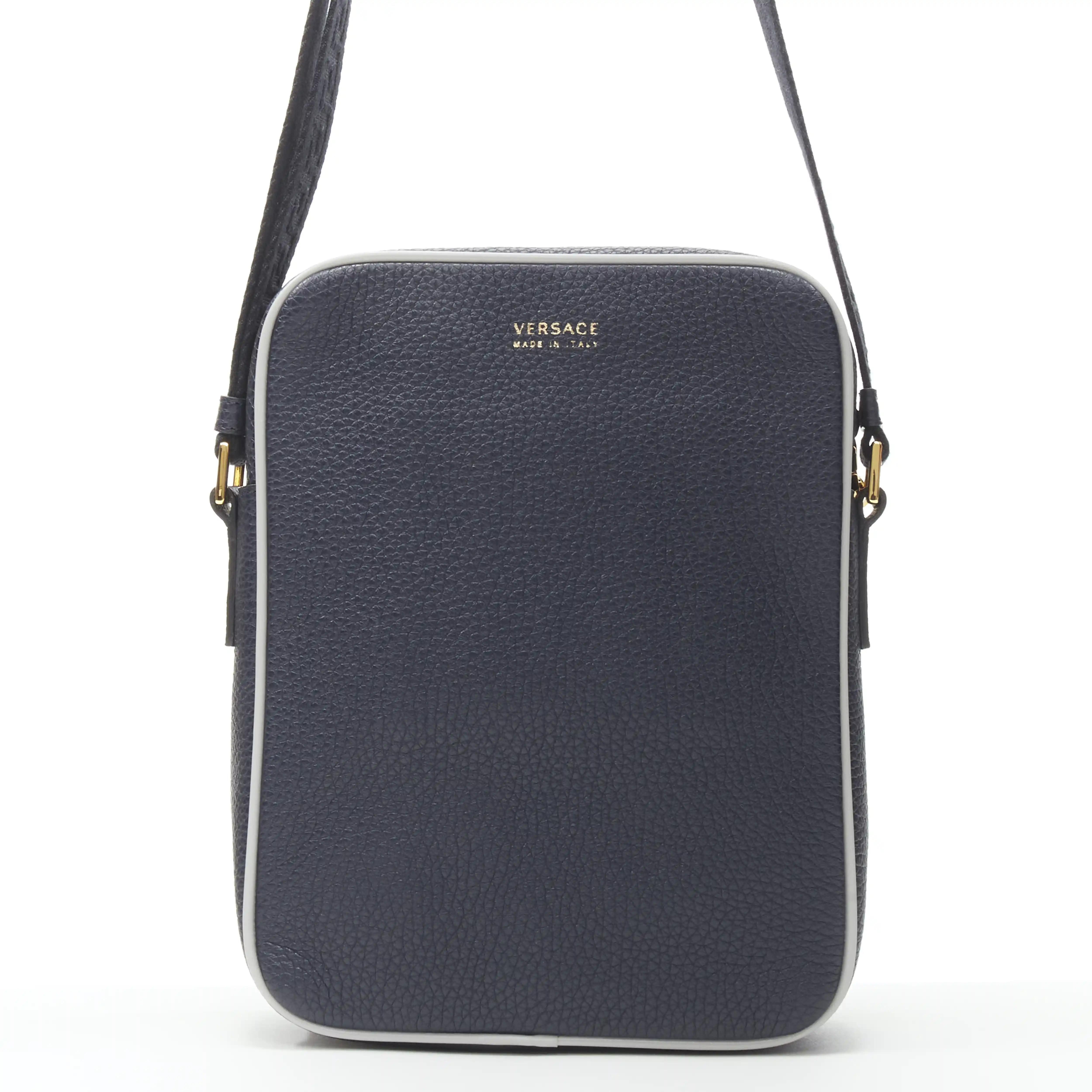 VERSACE Pop Medusa navy grey calf leather Greca crossbody messenger bag 1
