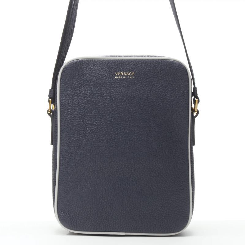 Men's VERSACE Pop Medusa navy grey calf leather Greca crossbody messenger bag