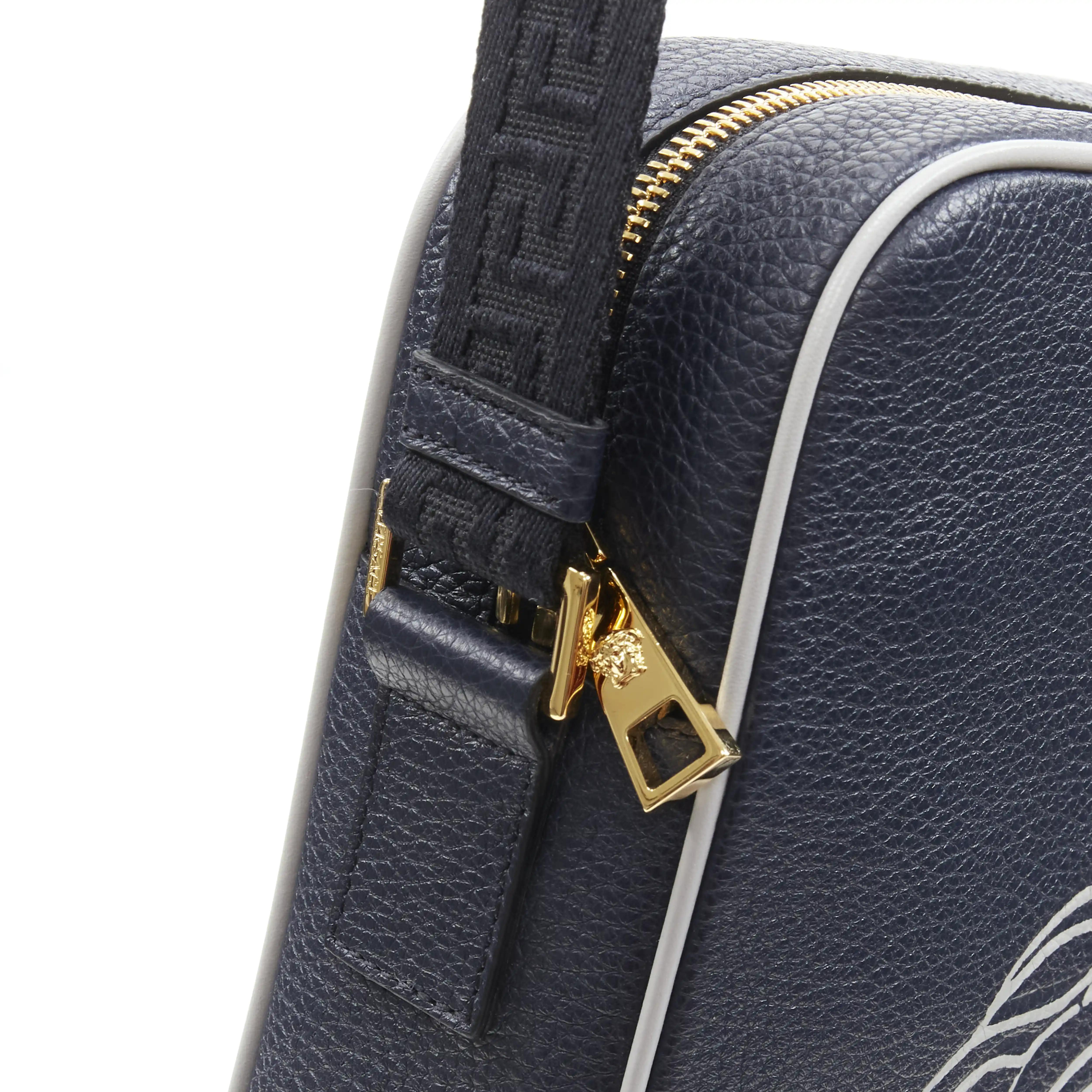 VERSACE Pop Medusa navy grey calf leather Greca crossbody messenger bag 4
