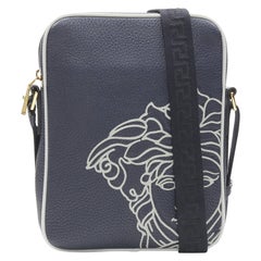 VERSACE Pop Medusa navy grey calf leather Greca crossbody messenger bag