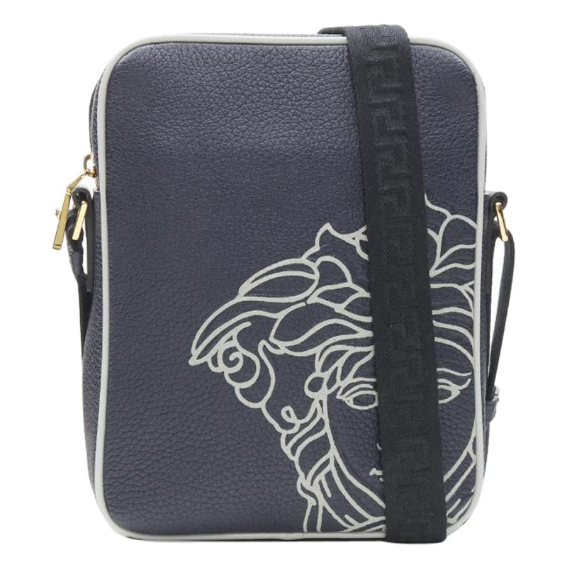 VERSACE Pop Medusa navy grey calf leather Greca crossbody messenger bag