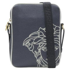 VERSACE Pop Medusa navy grey calf leather Greca crossbody messenger bag