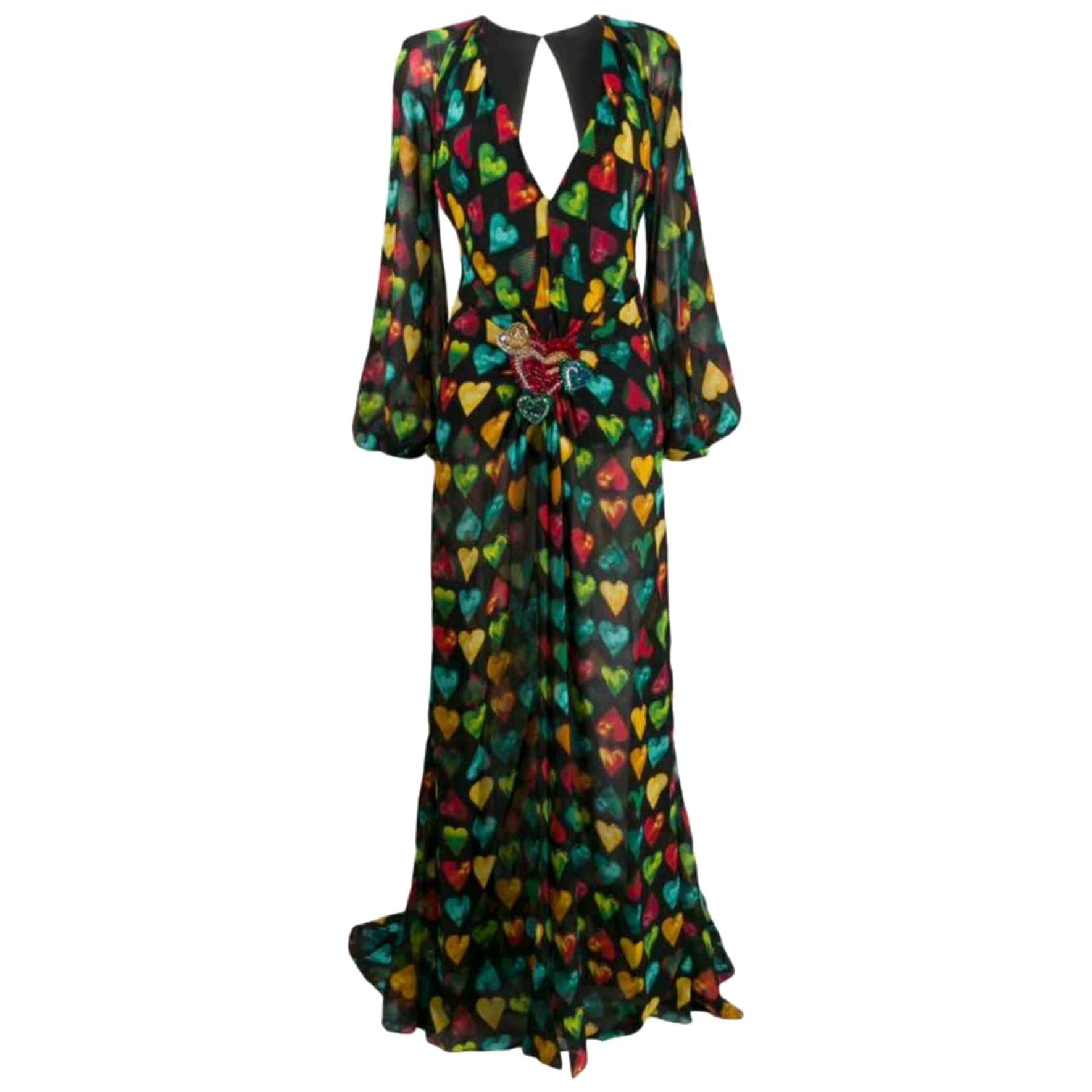 Versace Pre-Fall 2019 Runway "Love" Print Multicolor Long Sleeve Silk Gown SZ 38