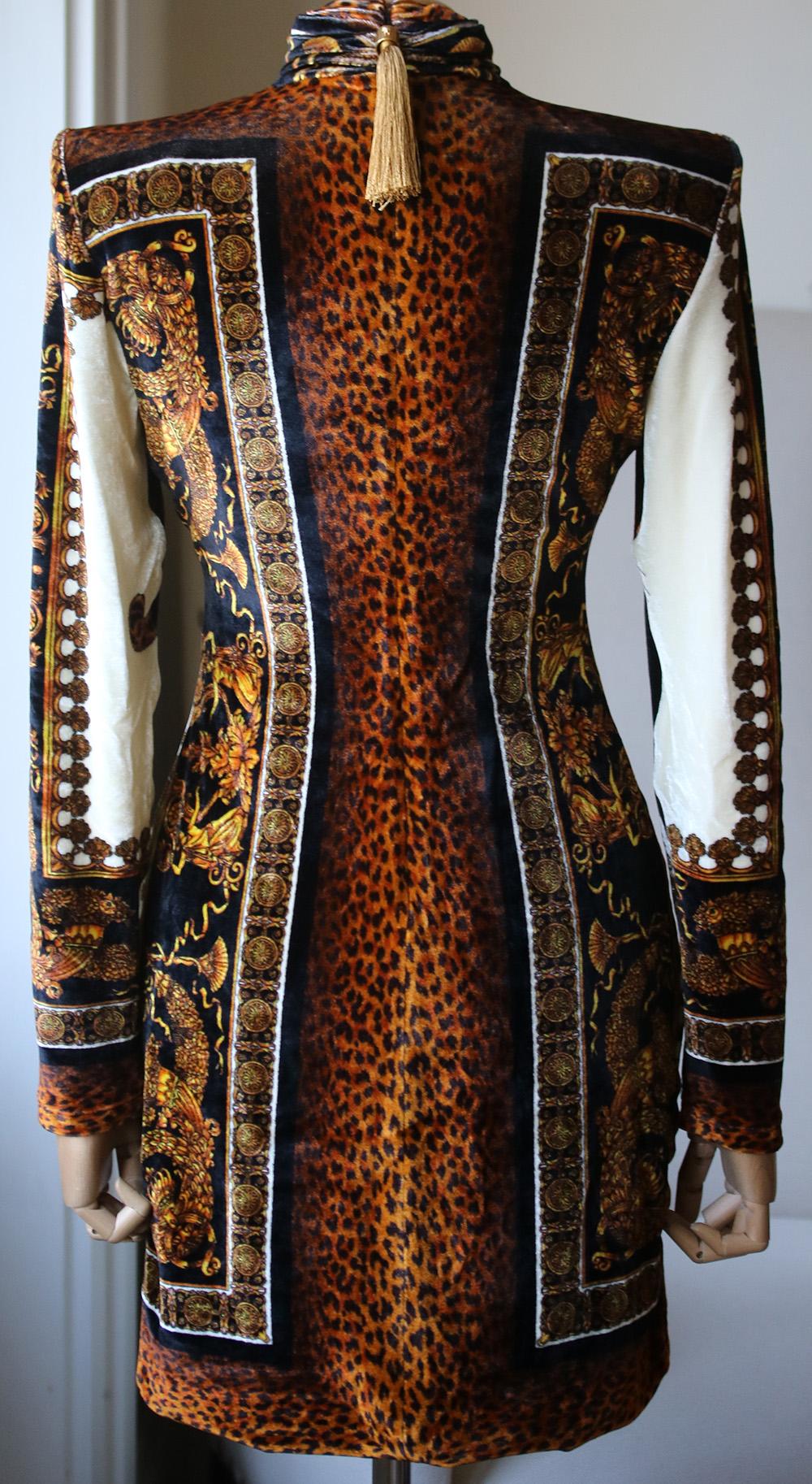 Versace Printed Velvet Turtleneck Mini Dress  In Excellent Condition In London, GB
