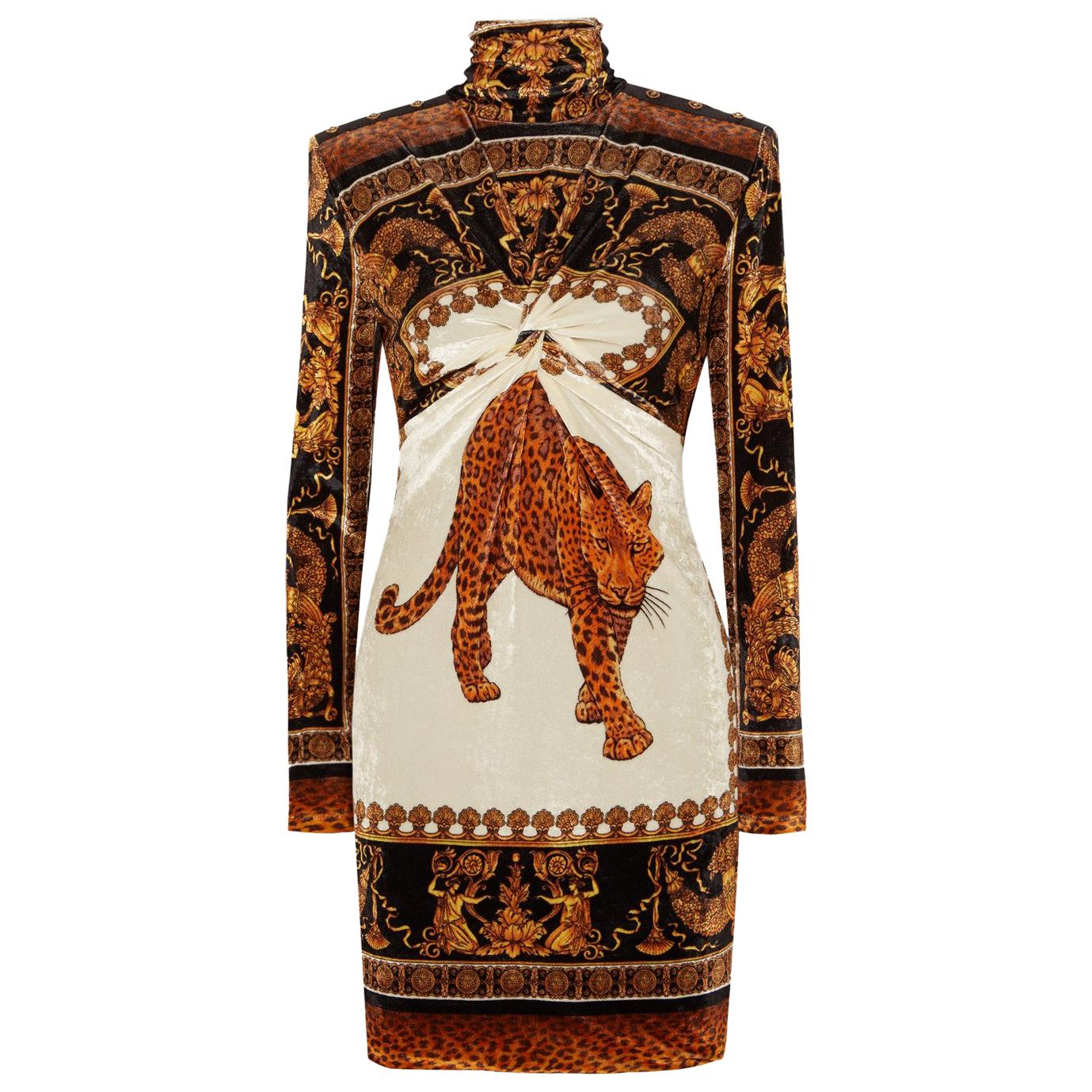 Versace Printed Velvet Turtleneck Mini Dress 