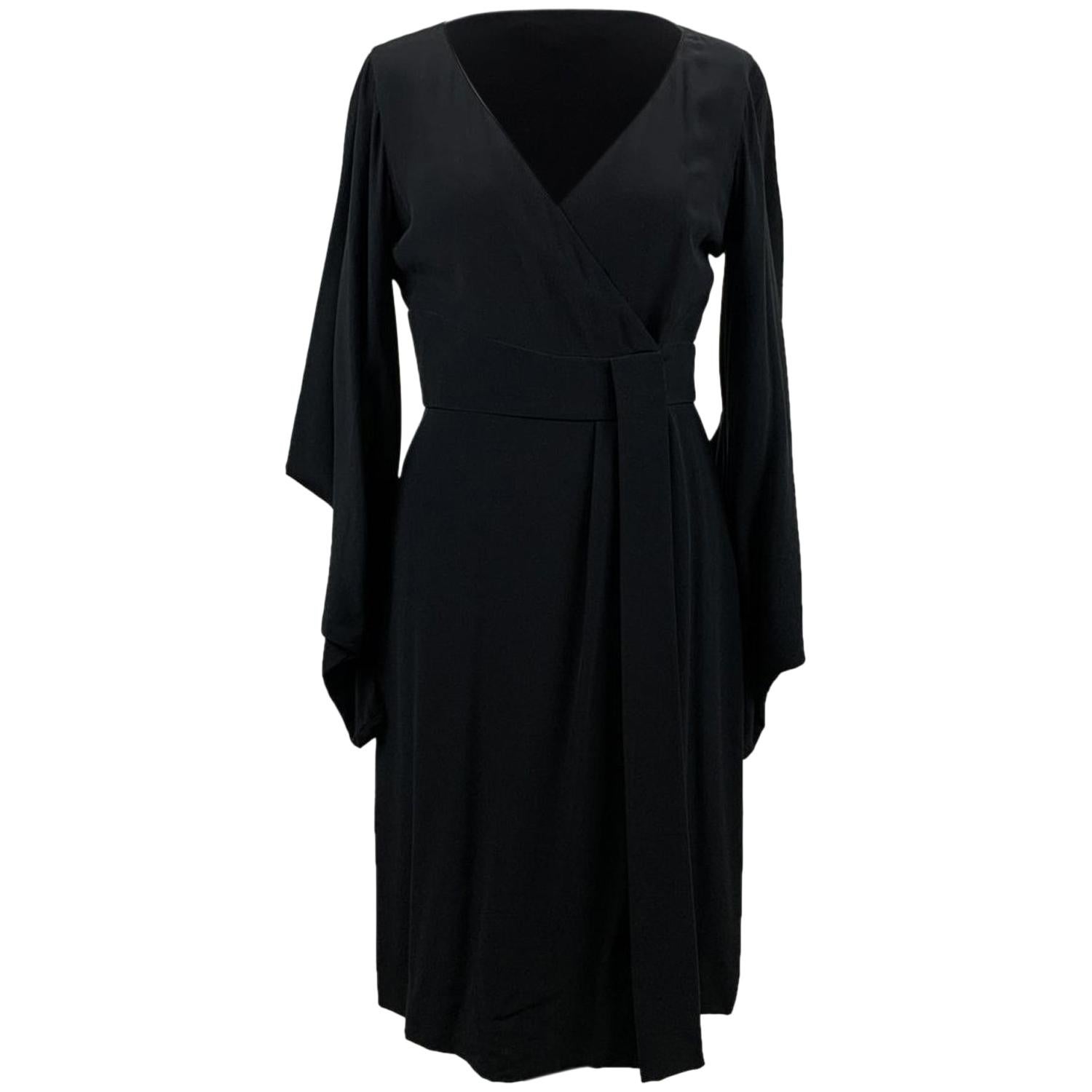 Versace Pure Silk Black Wrap Dress Blouson Sleeves Size 40 IT