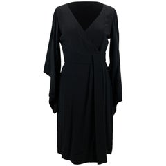 Versace Pure Silk Black Wrap Dress Blouson Sleeves Size 40 IT