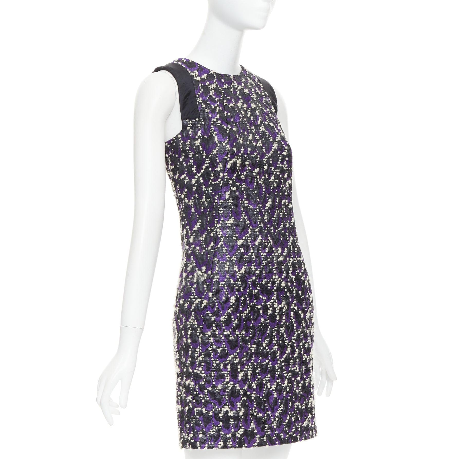Gray VERSACE purple black white tweed black jacquard sleeveless dress IT38 XS For Sale