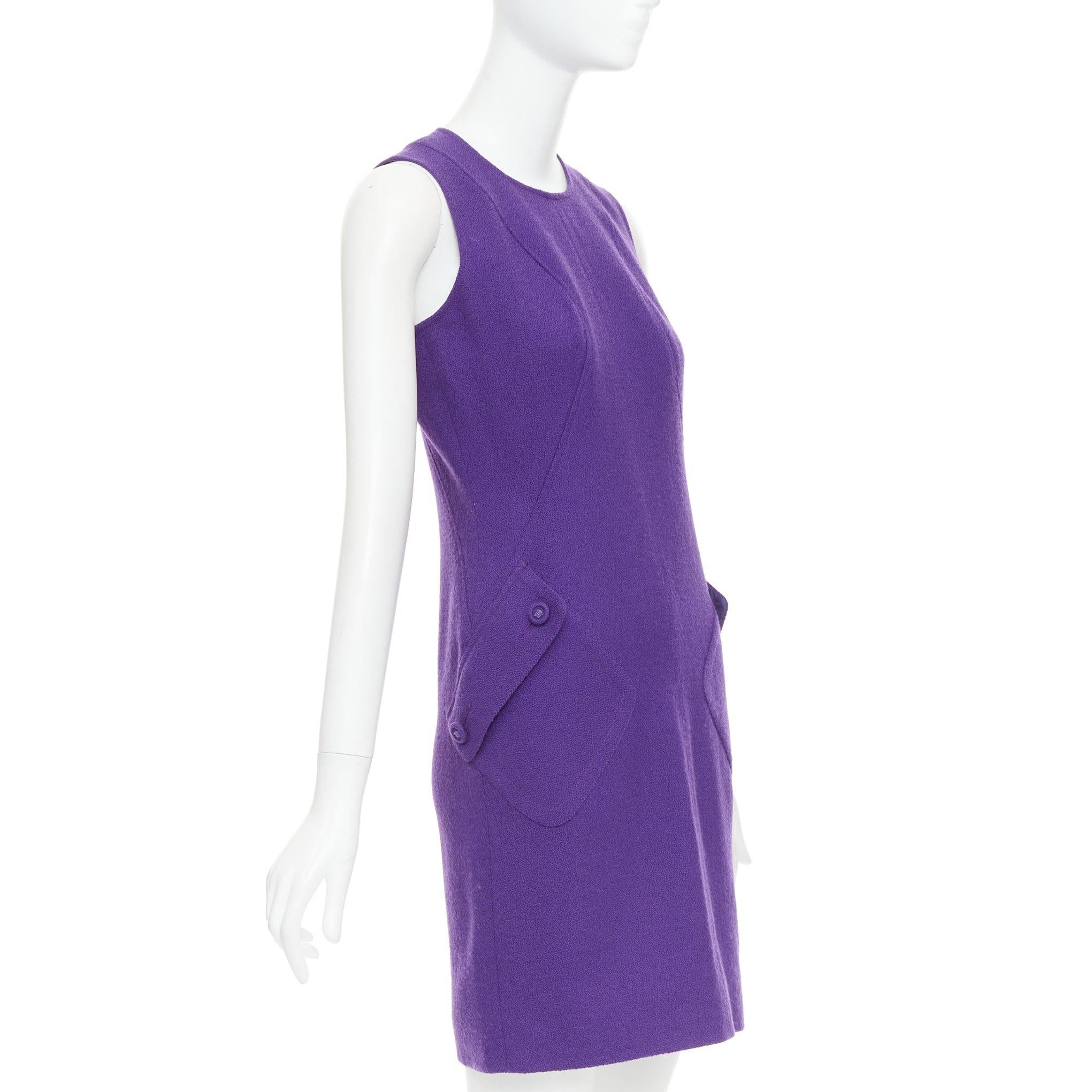 Purple VERSACE purple boucle wool Medusa button slant pocket dress IT38 XS For Sale
