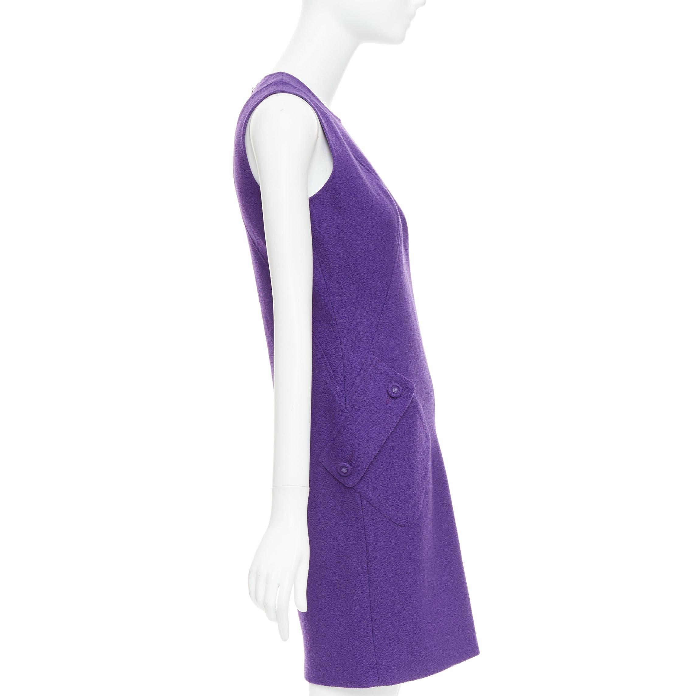 VERSACE purple boucle wool Medusa button slant pocket dress IT38 XS In Good Condition For Sale In Hong Kong, NT