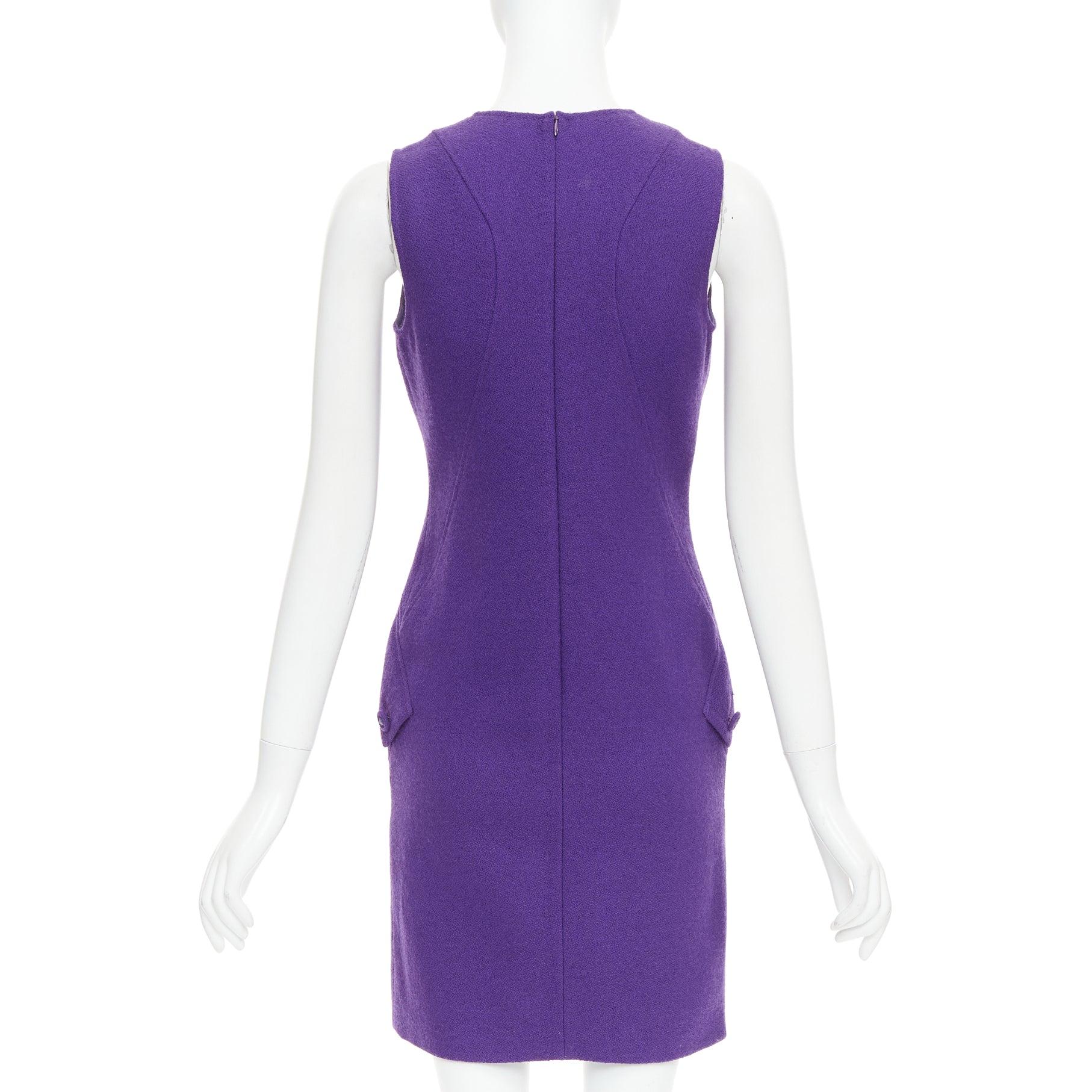 Women's VERSACE purple boucle wool Medusa button slant pocket dress IT38 XS For Sale