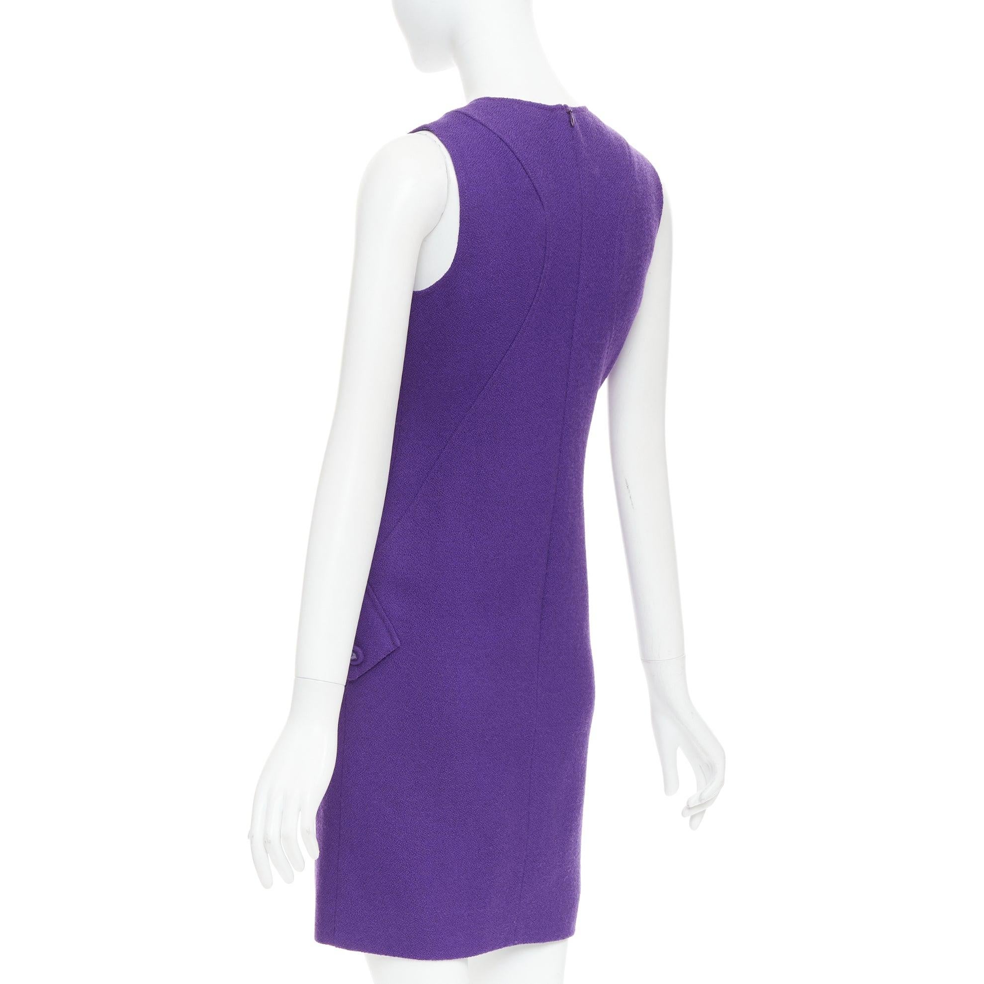 VERSACE purple boucle wool Medusa button slant pocket dress IT38 XS For Sale 1