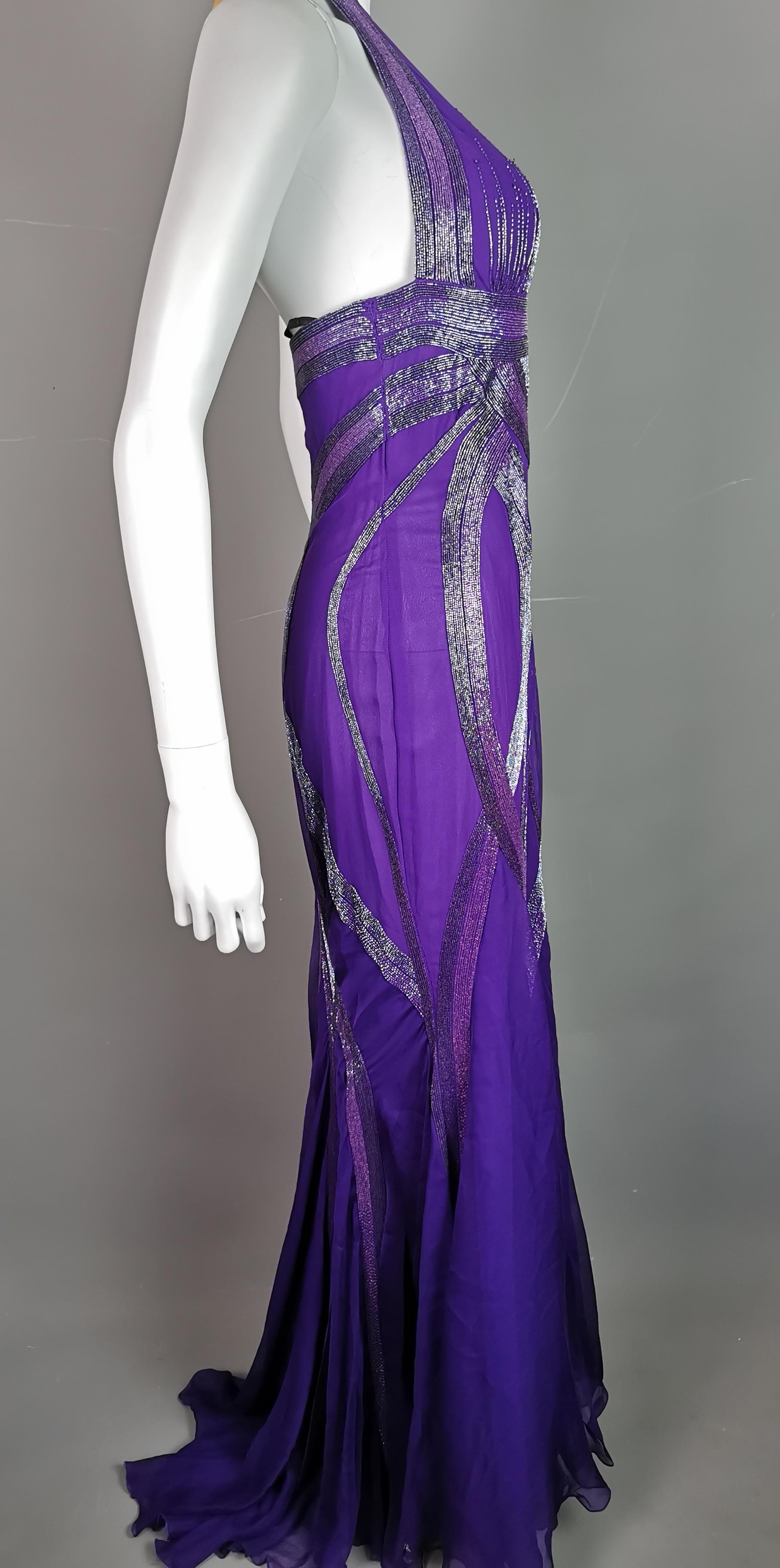 Versace purple chiffon silk beaded evening dress, gown  In Good Condition For Sale In NEWARK, GB