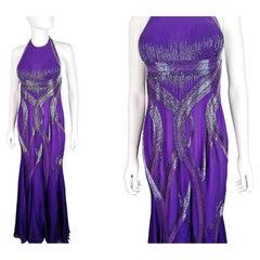 Used Versace purple chiffon silk beaded evening dress, gown 