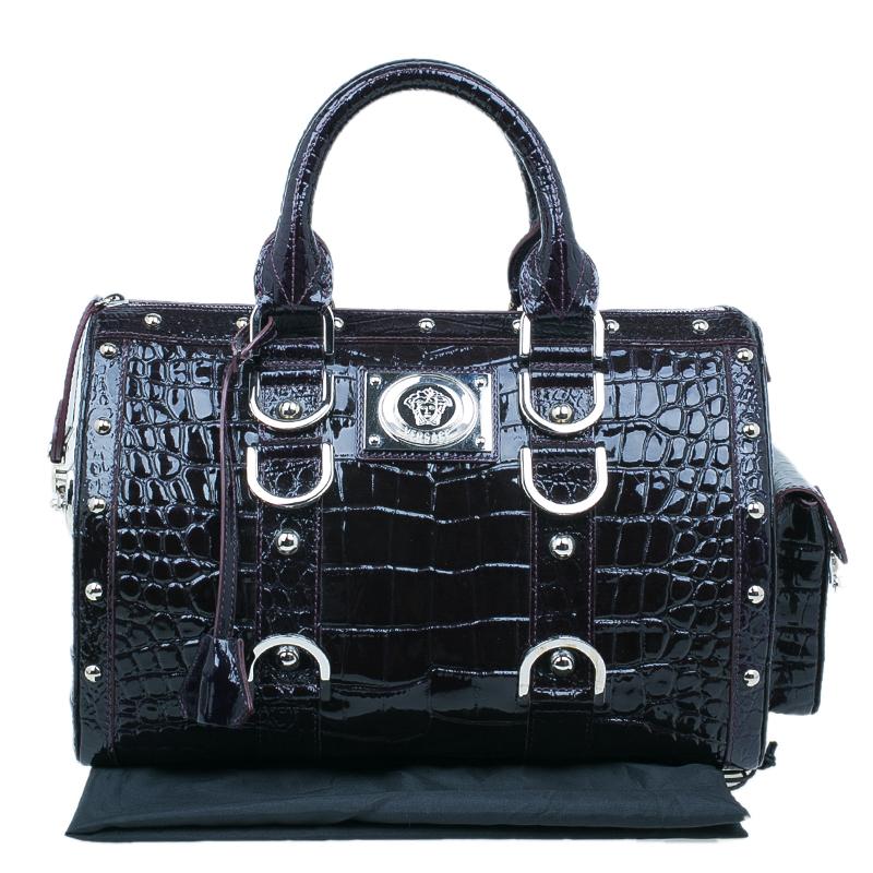 Versace Purple Croc Embossed Patent Leather Snap Out Of It Satchel Bag 5