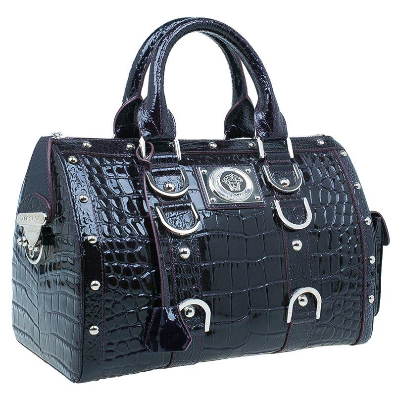 Black Versace Purple Croc Embossed Patent Leather Snap Out Of It Satchel Bag