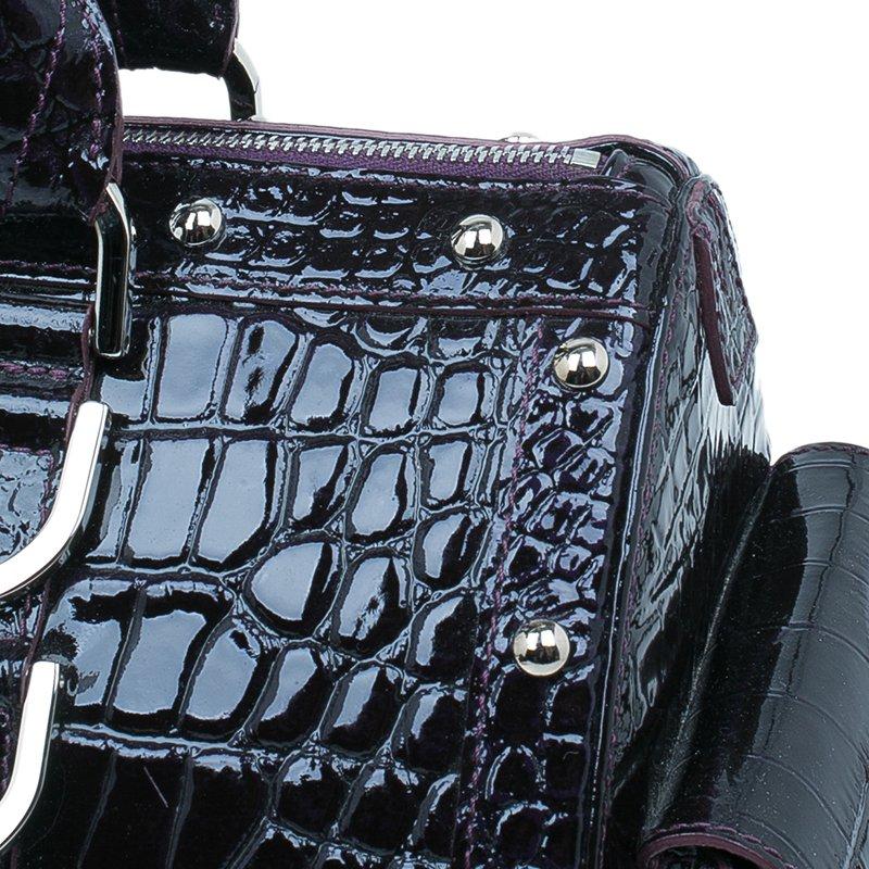 Versace Purple Croc Embossed Patent Leather Snap Out Of It Satchel Bag In Excellent Condition In Dubai, Al Qouz 2